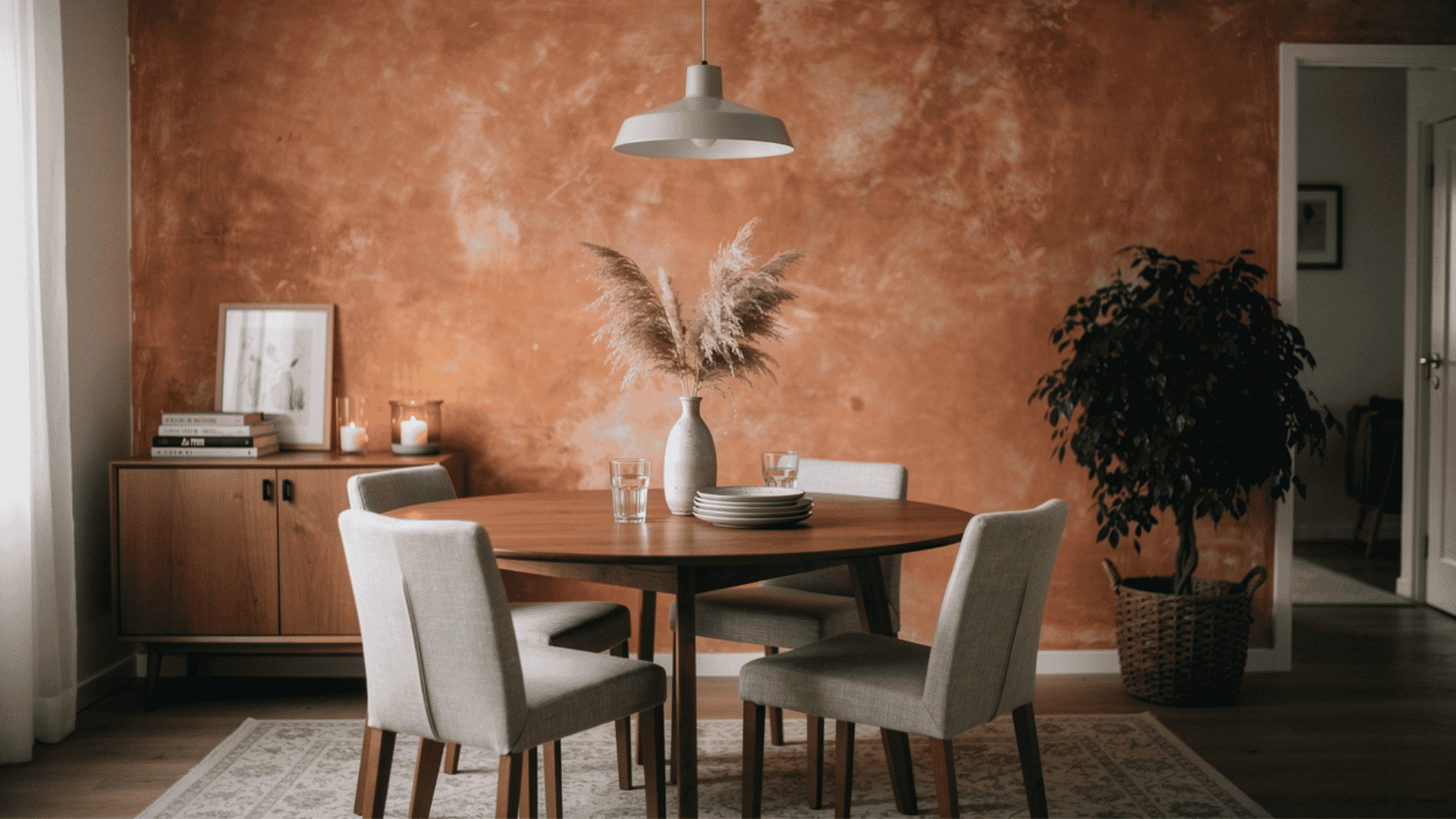 dining room with a terracotta limewash painted accent wall