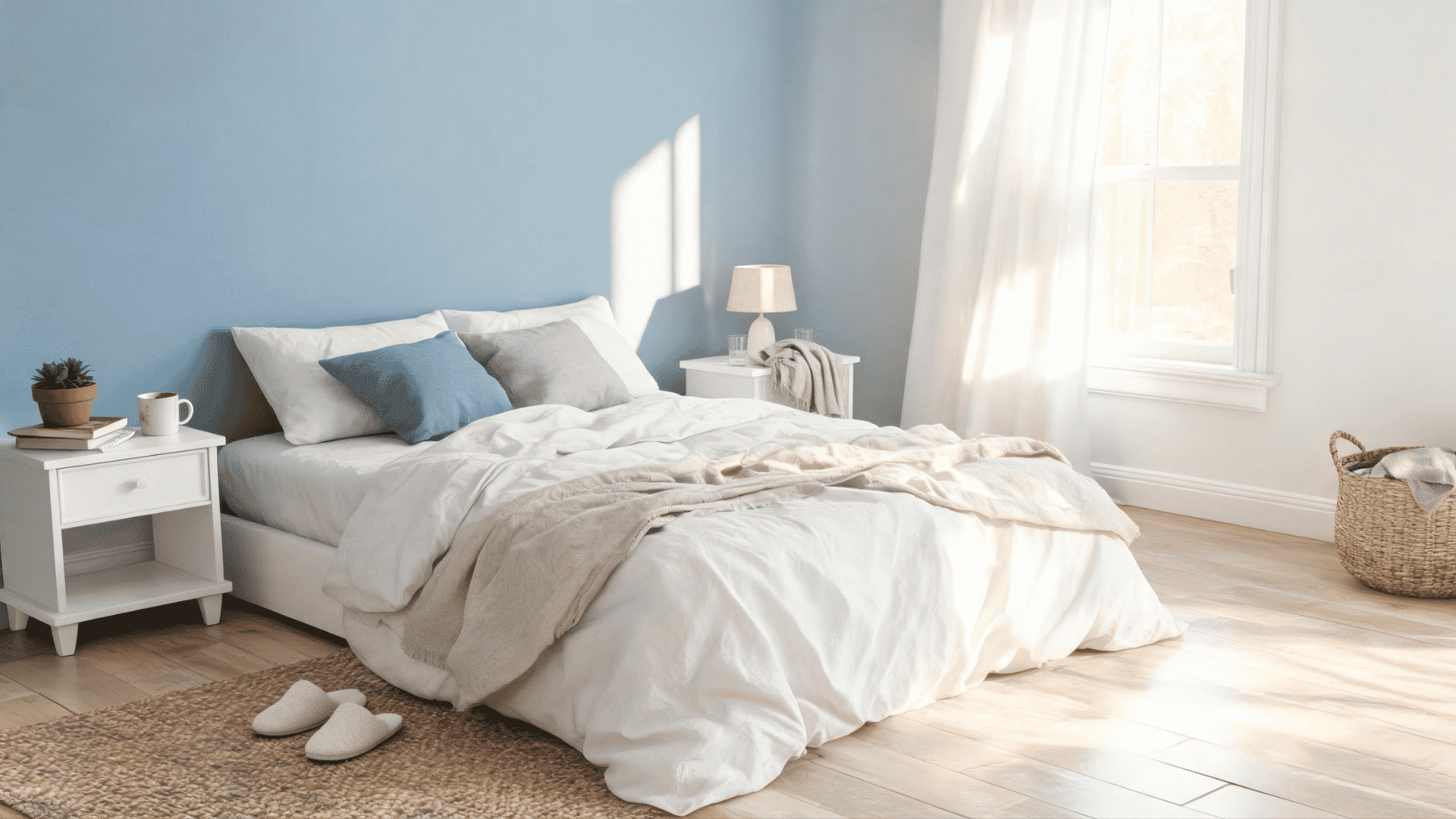 dusty blue accent wall bedroom with white trim light wood floors and linen bedding