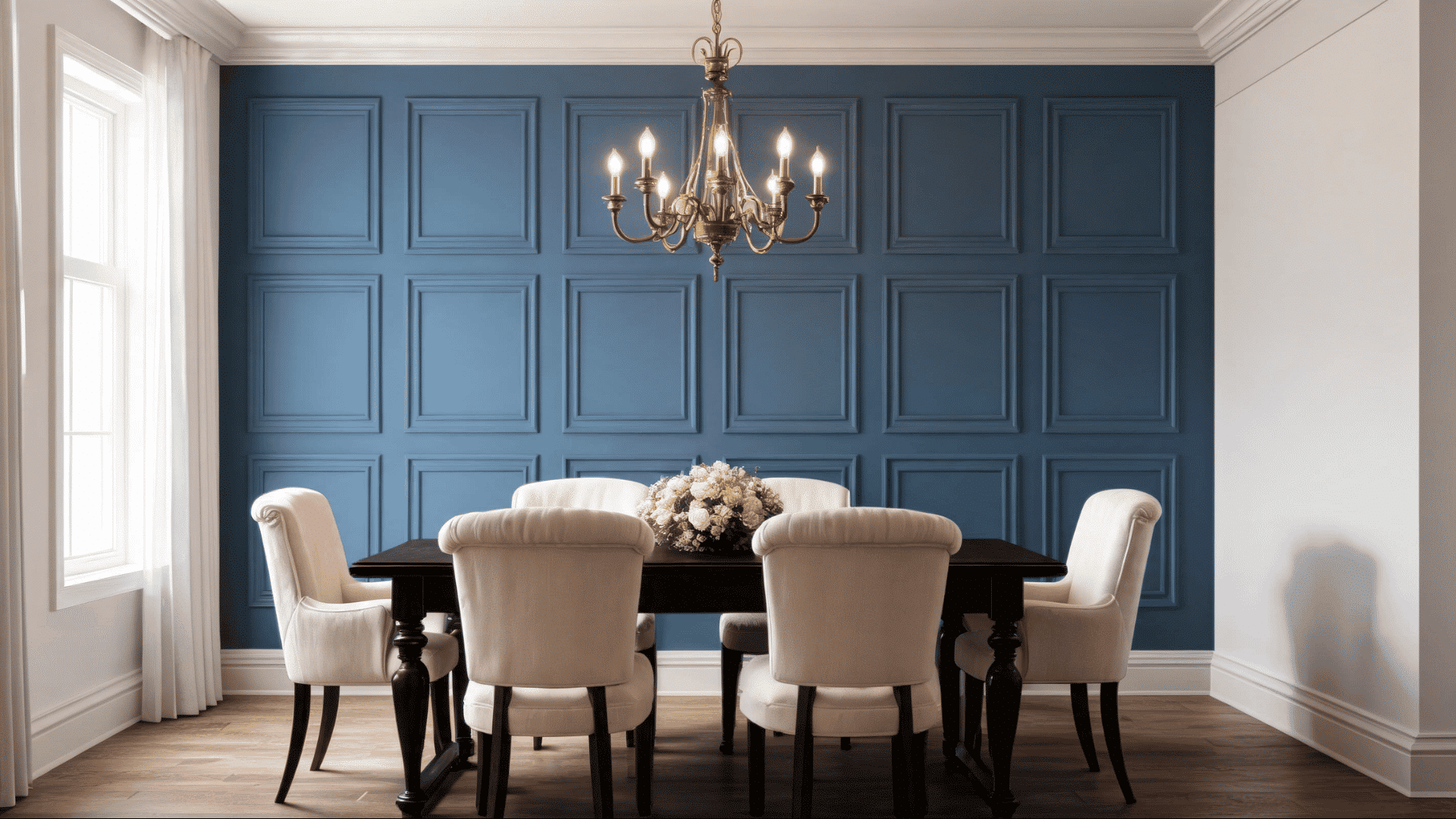 dusty blue raised panel accent wall in a dining room with cream chairs and a brass chandelier