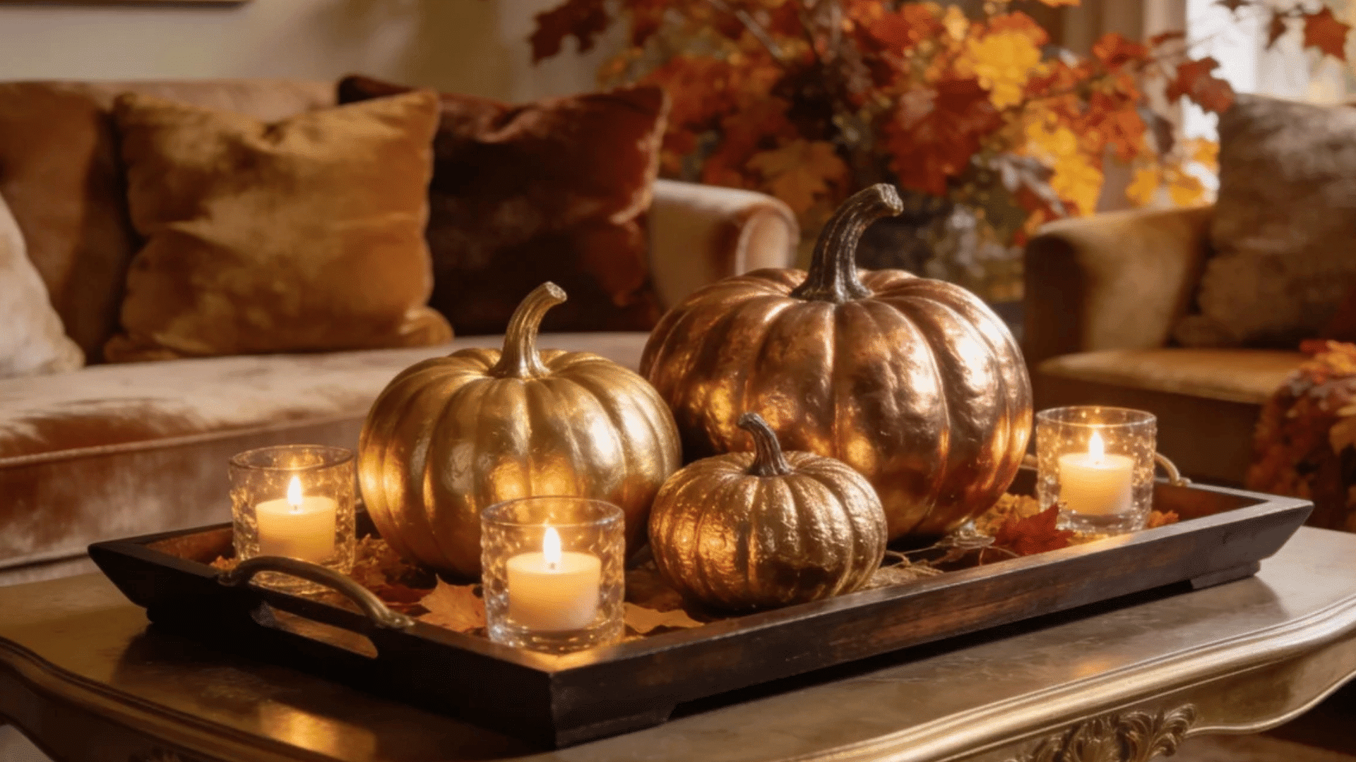 elegant fall centerpiece with metallic pumpkins glowing candles and warm autumn living room decor