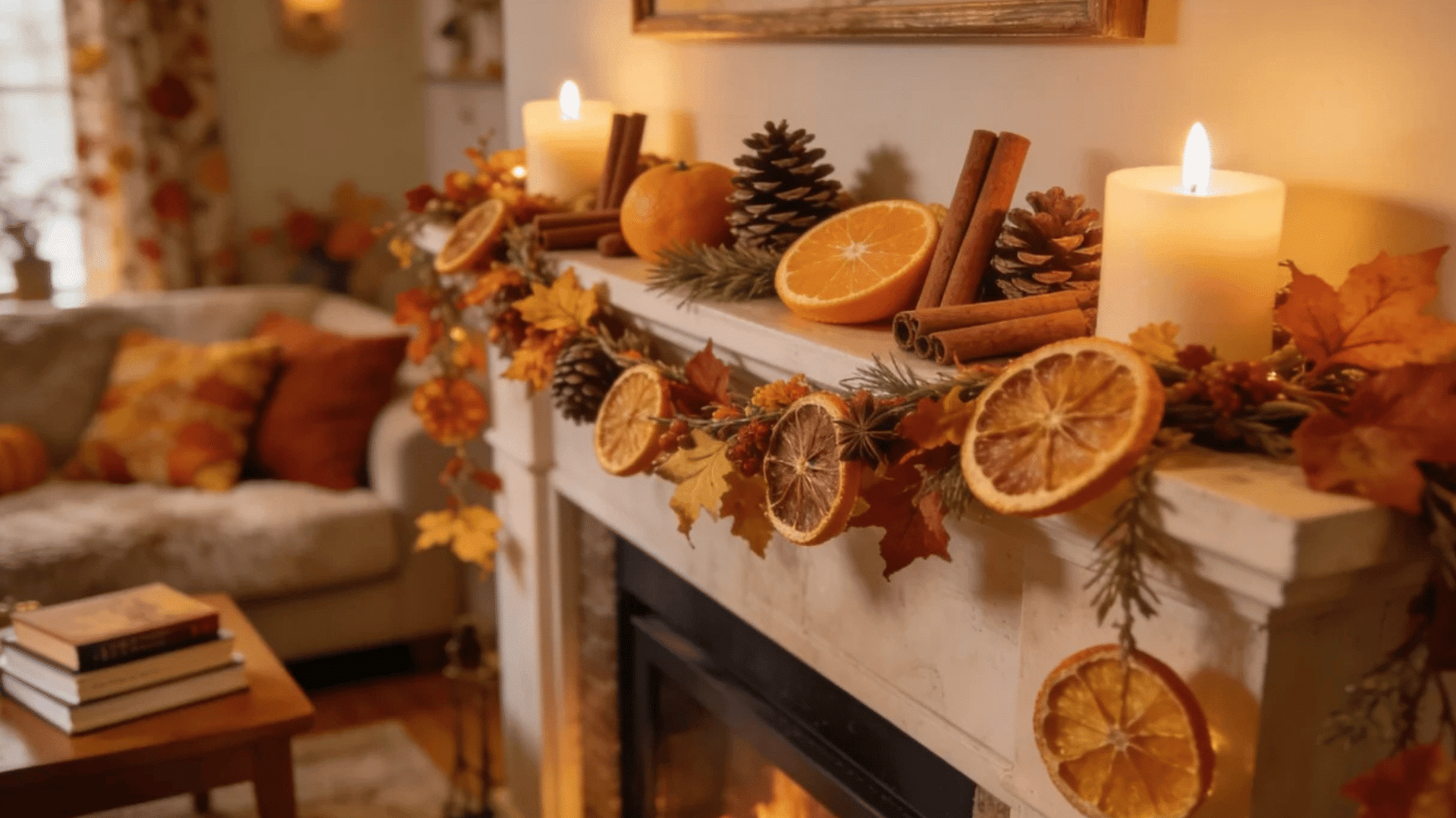 fall fireplace mantel with candles dried oranges pinecones and cozy autumn garland decor accents