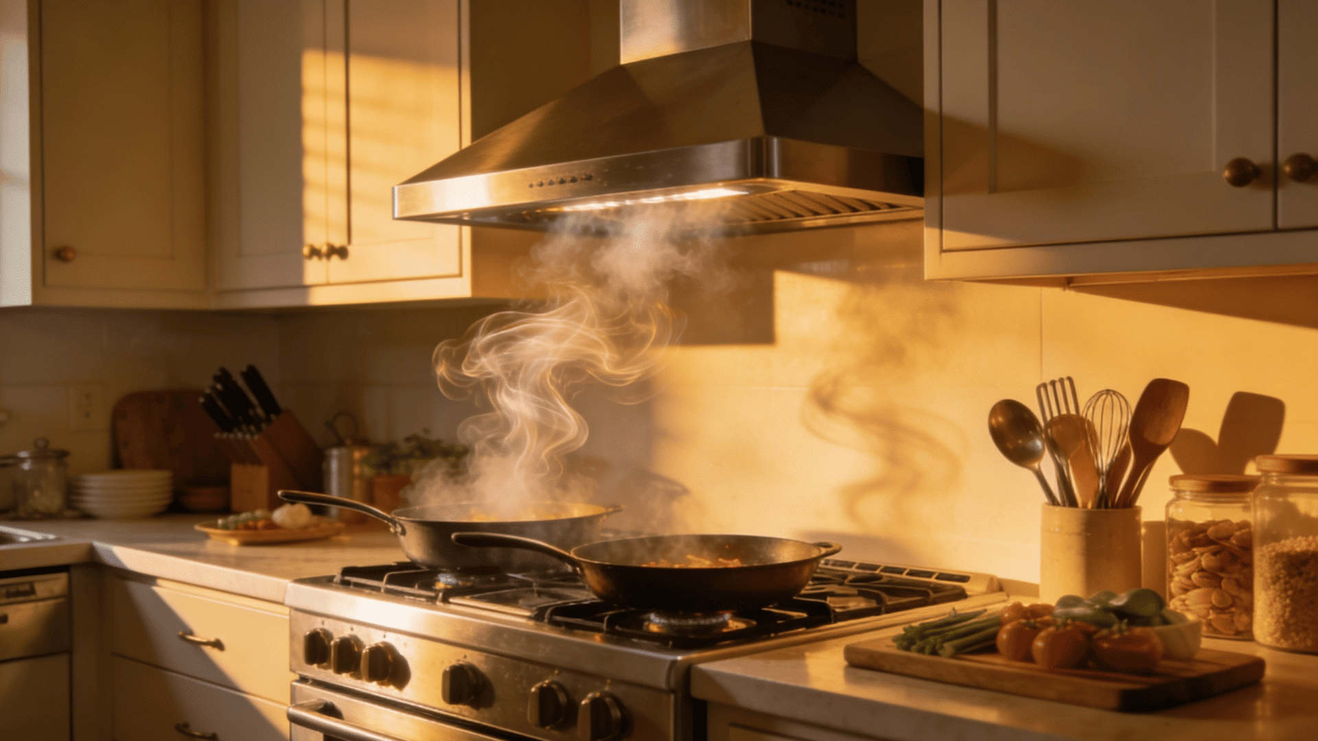family kitchen with range hood removing cooking steam during meal prep in a functional home setting