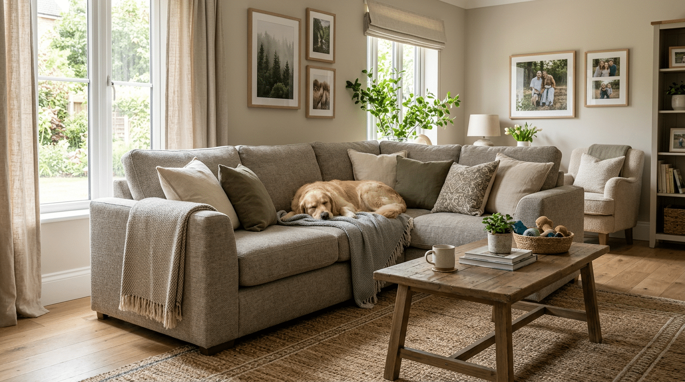 Family sofa with pet-friendly fabric in a cozy modern living room
