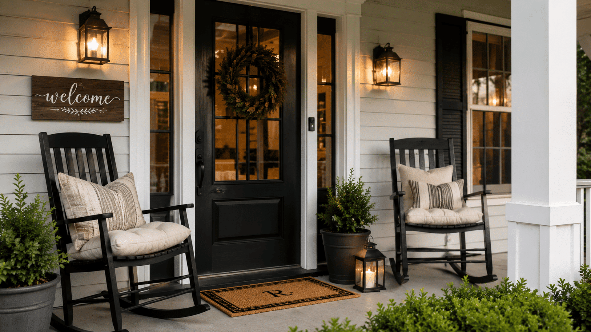 farmhouse porch with cozy throw pillows black rocking chairs warm lanterns and rustic welcome sign