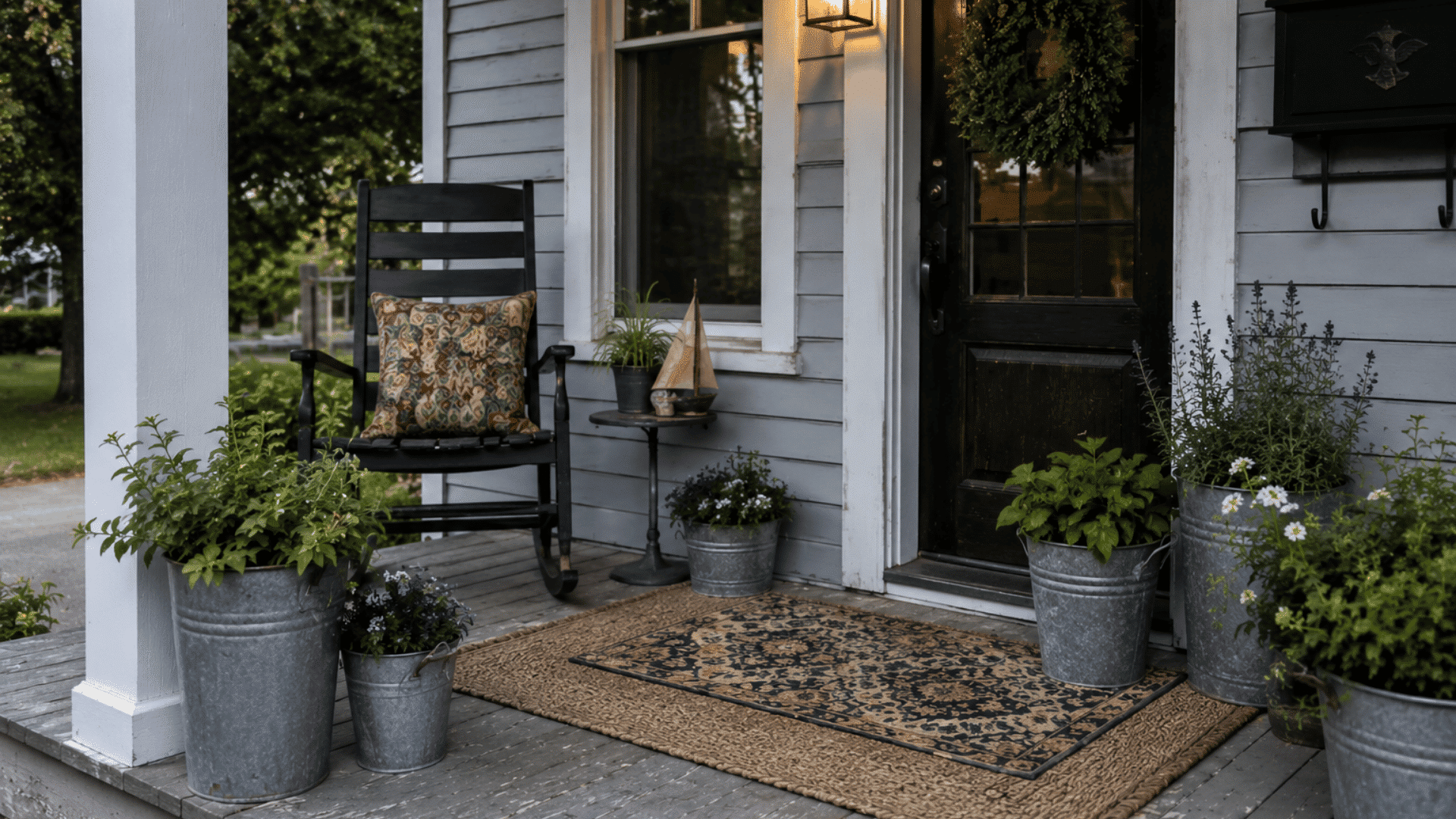 farmhouse porch with galvanized metal planters black rocking chair rustic rug and glowing lantern light