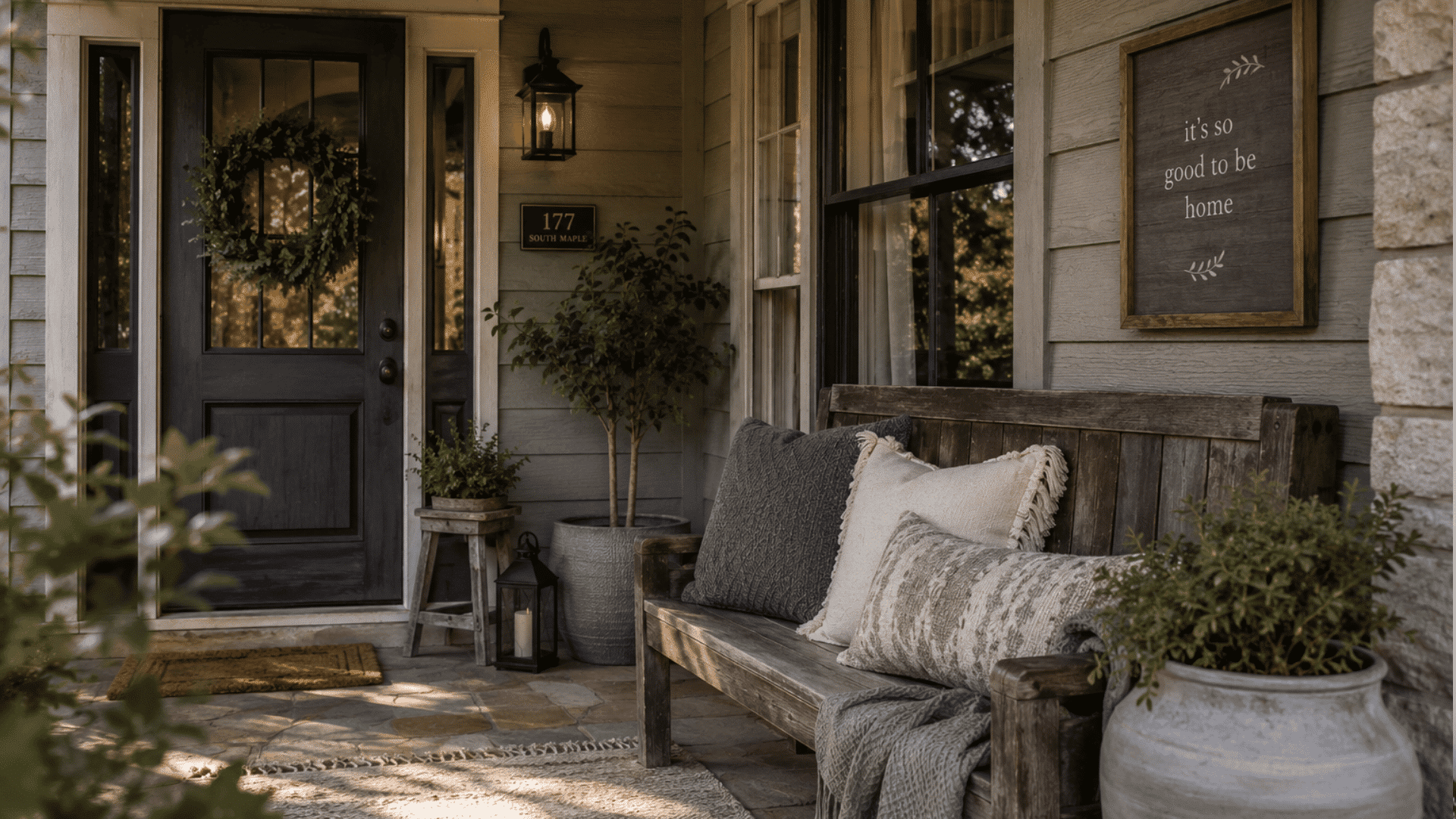 farmhouse porch with gray neutral decor weathered wood bench textured pillows and cozy rustic lighting