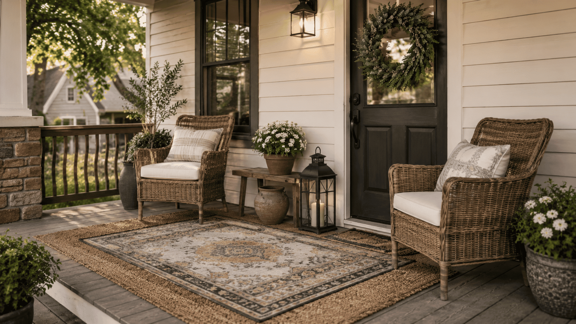 farmhouse porch with layered outdoor rugs wicker chairs lantern decor and cozy rustic evening atmosphere