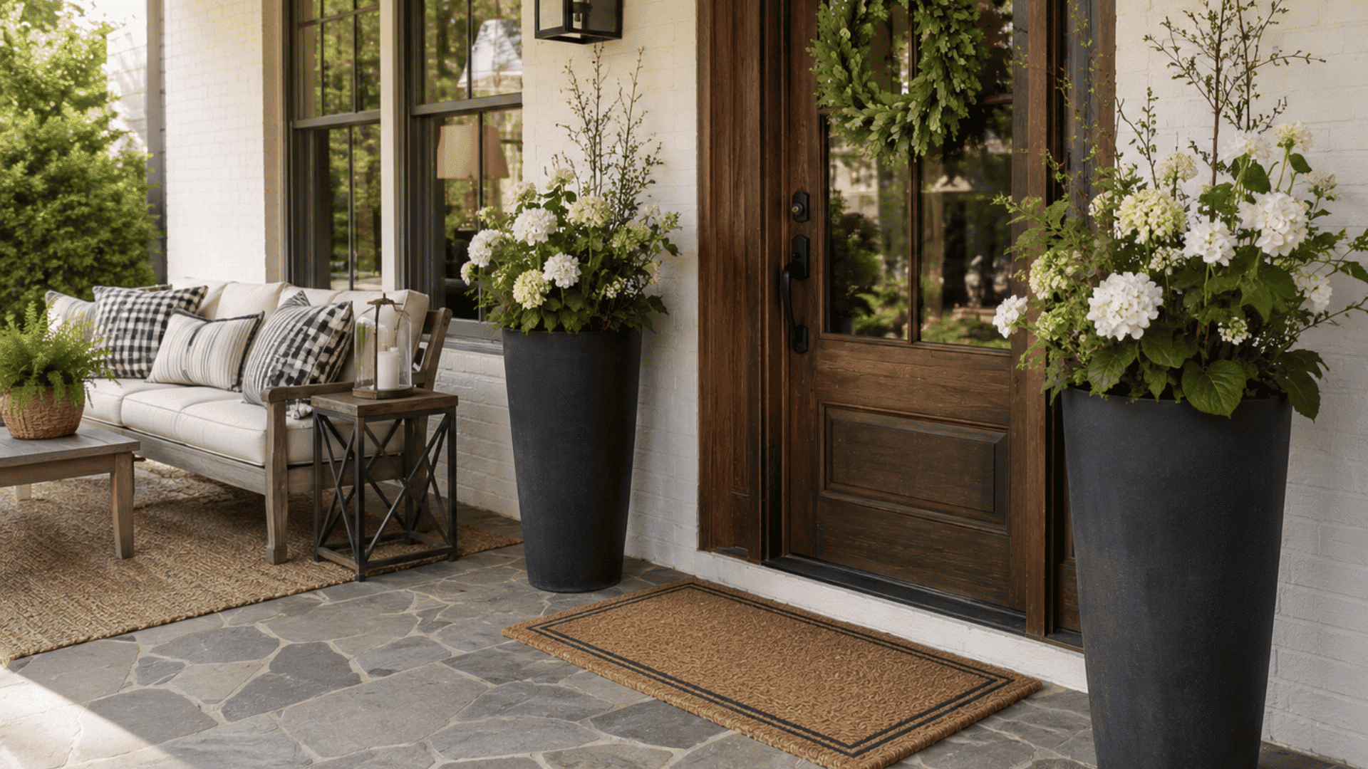 farmhouse porch with tall flower pots wooden seating textured stone floor and warm natural lighting