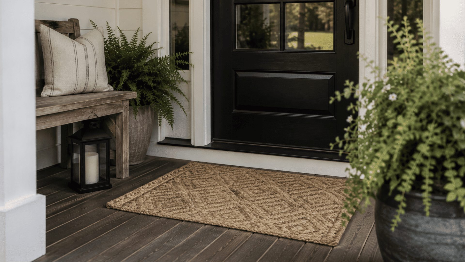 farmhouse porch with textured woven outdoor mat black front door rustic bench and cozy greenery decor
