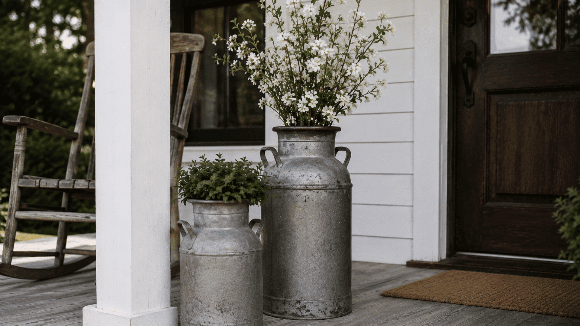 farmhouse porch with vintage milk cans rustic wooden rocking chair and simple country style decor