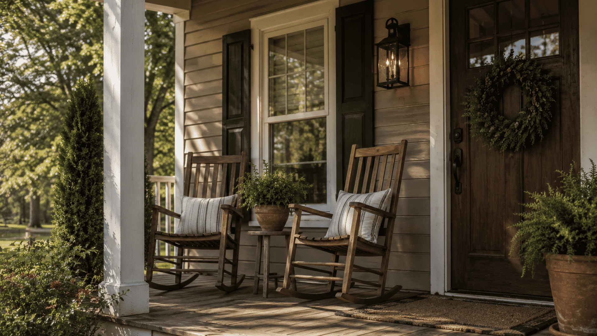farmhouse porch with wooden rocking chairs warm lighting rustic front door and peaceful outdoor setting