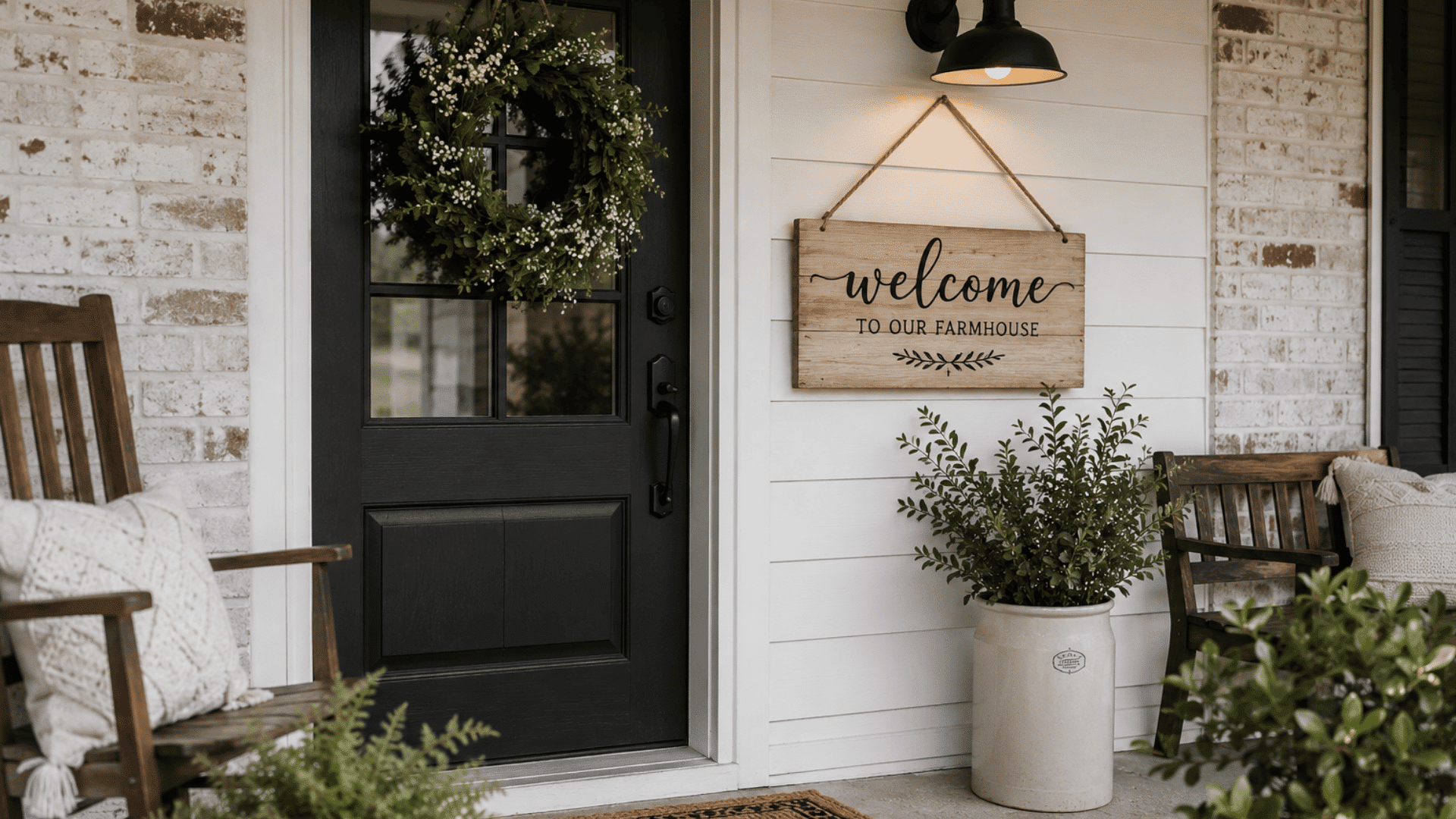 farmhouse porch with wooden welcome sign black front door rustic chairs and cozy neutral decor