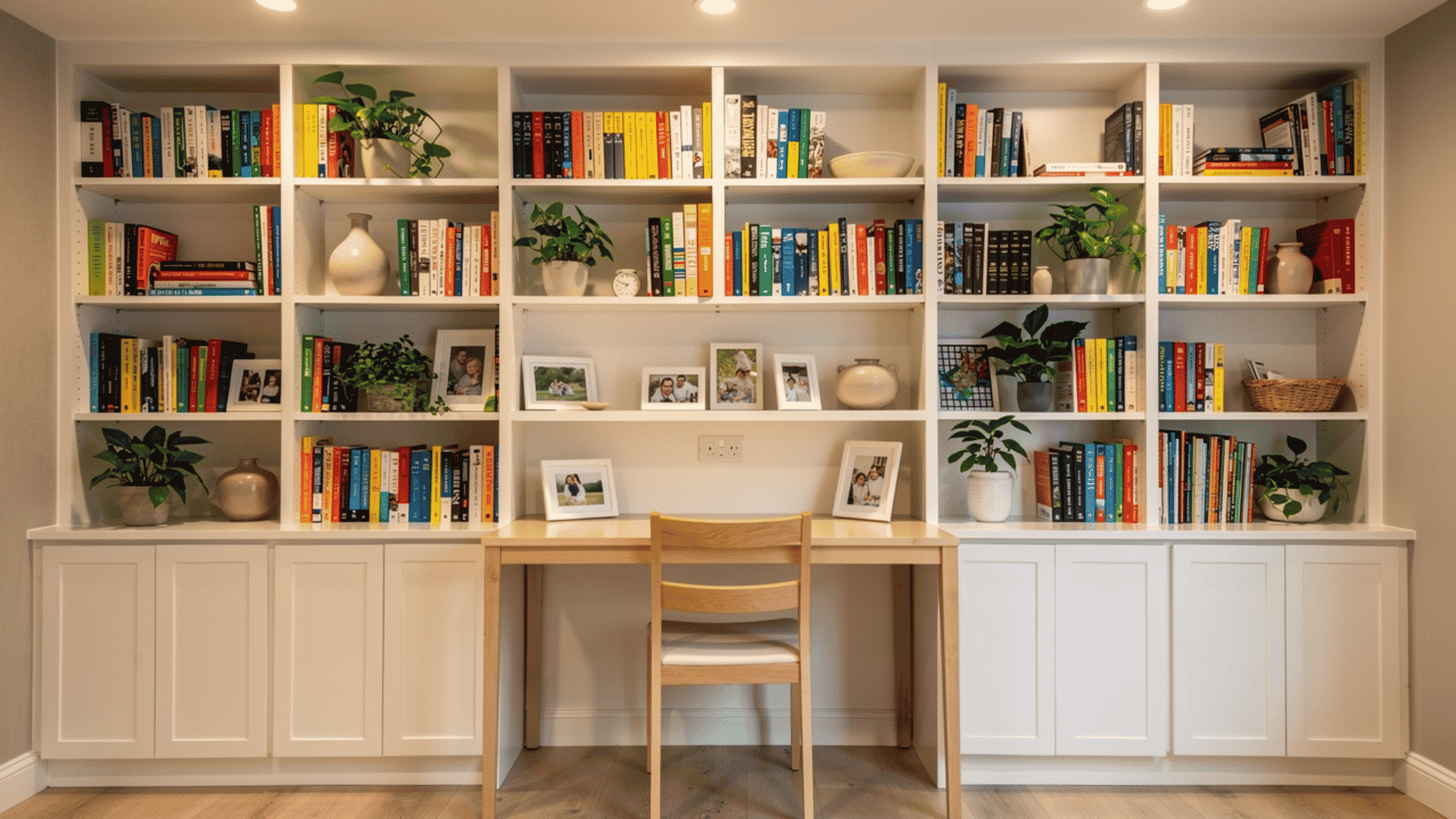 floor to ceiling white built in bookshelves covering an entire wall
