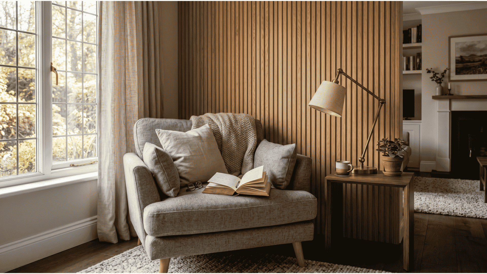 fluted oak panel wall in a living room with soft lighting