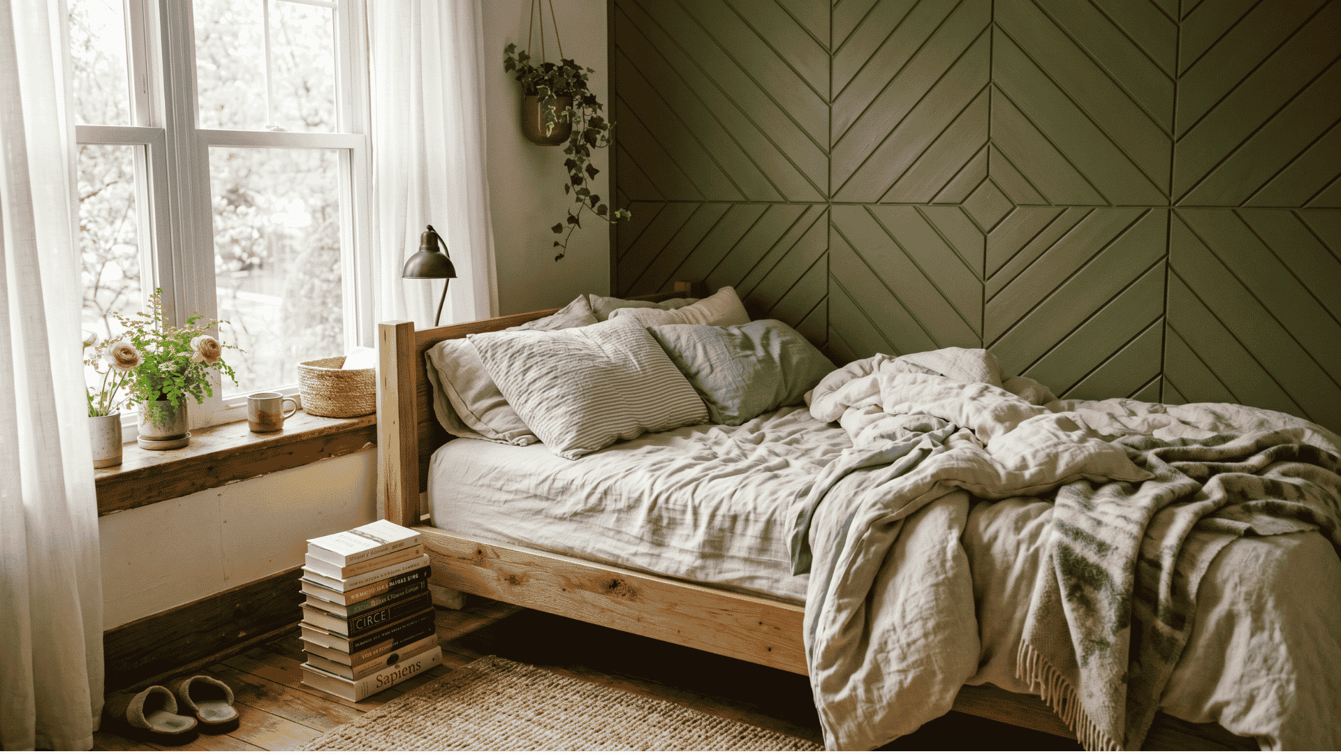 geometric wood wall in bedroom