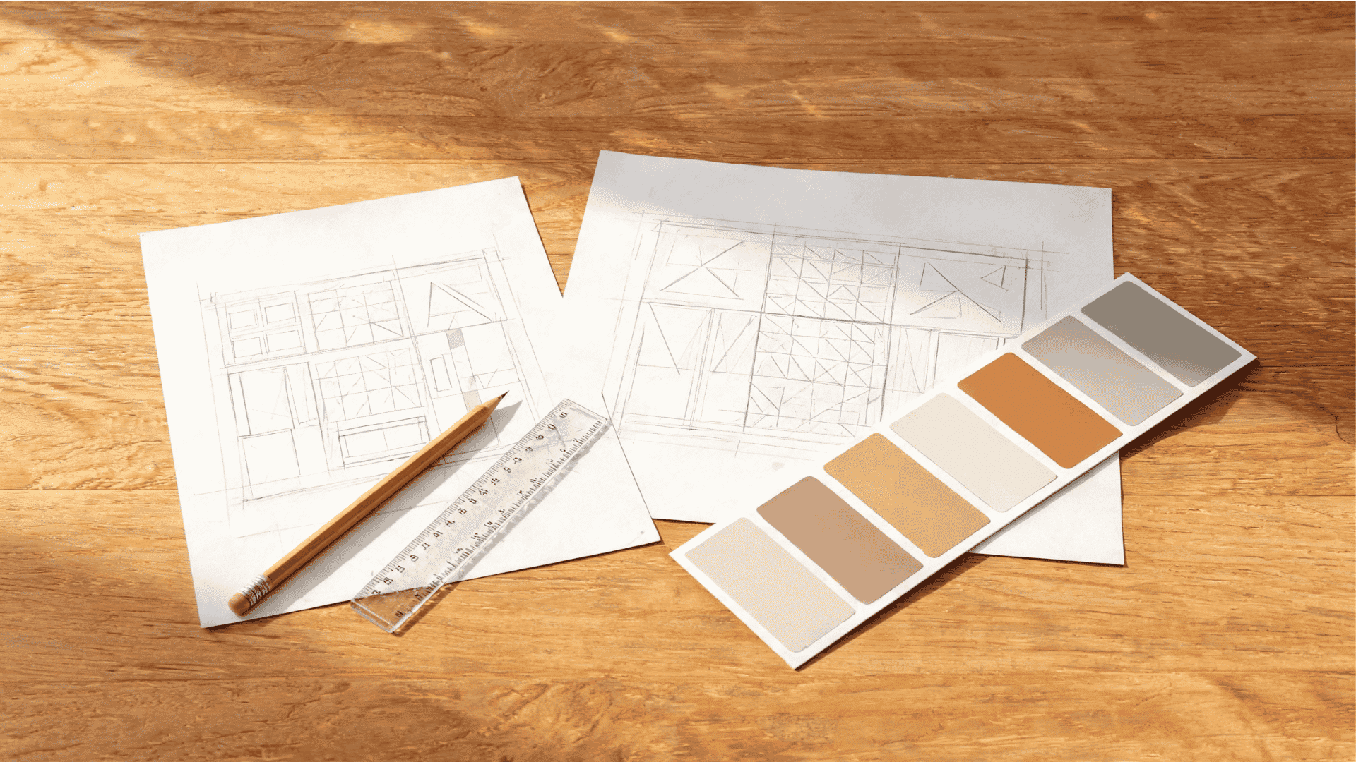 hand drawn geometric wall design sketch with color swatches