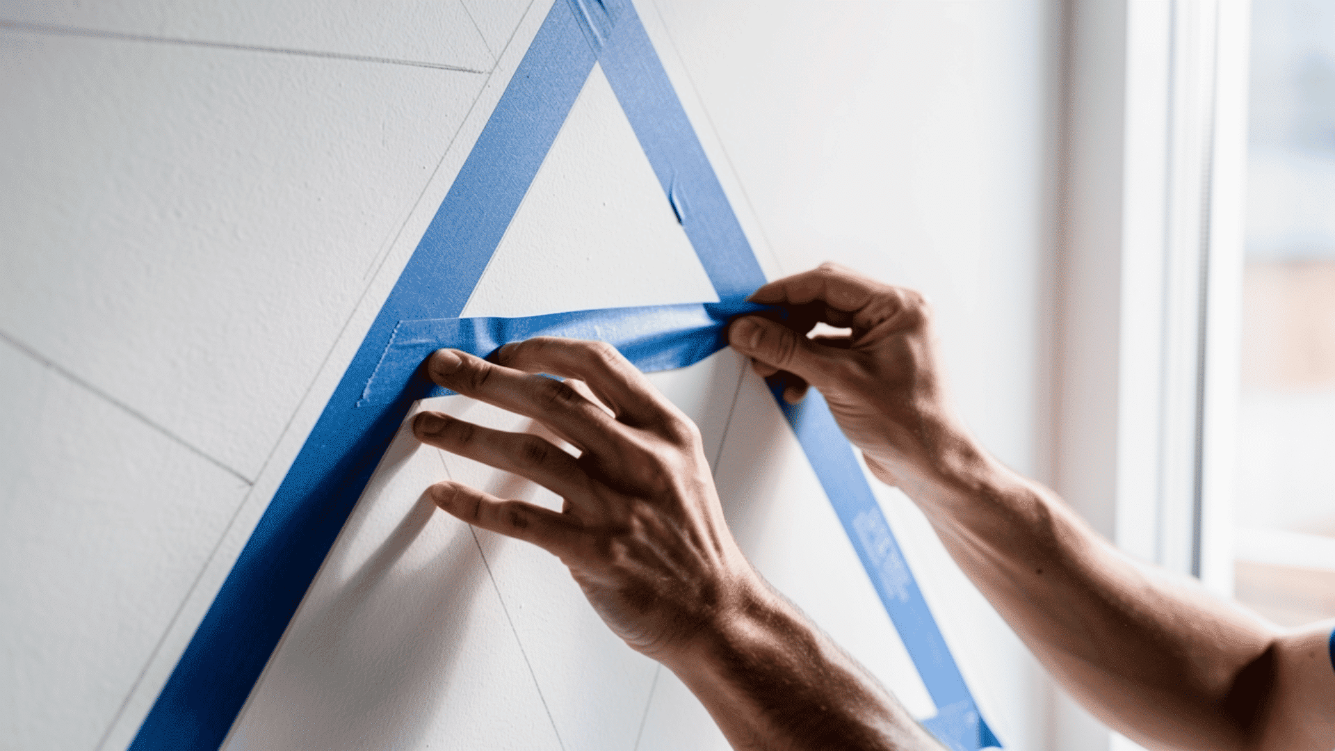 hands applying painters tape on wall in triangle pattern