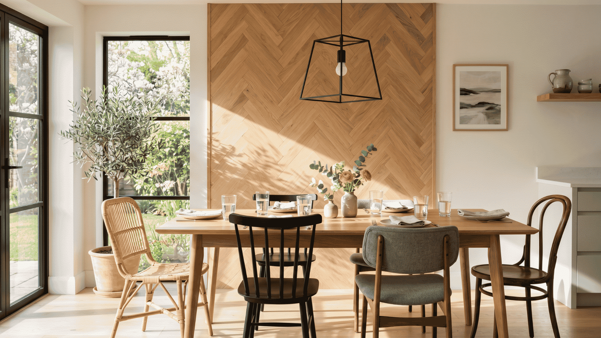 herringbone wood wall in dining room
