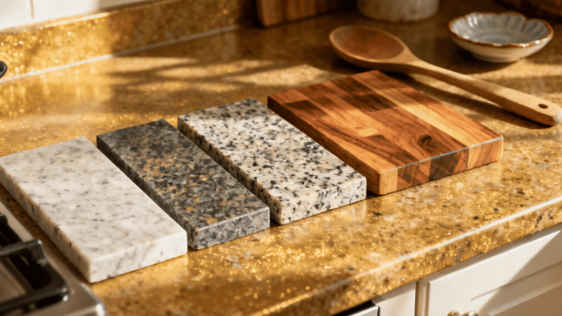 kitchen countertop material samples showing quartz granite and butcher block in natural home lighting
