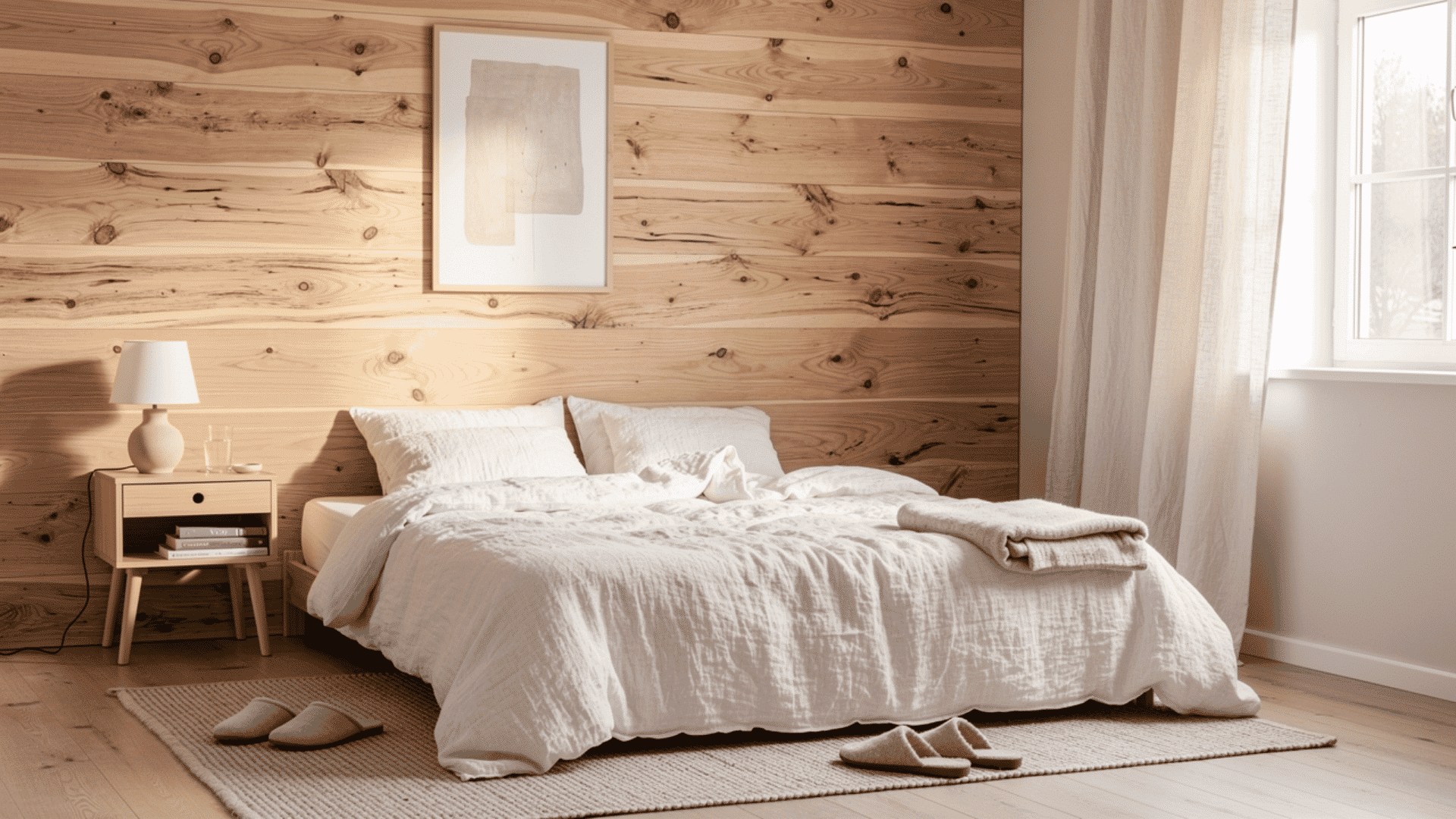 light oak wood plank wall in a small scandinavian bedroom with white bedding