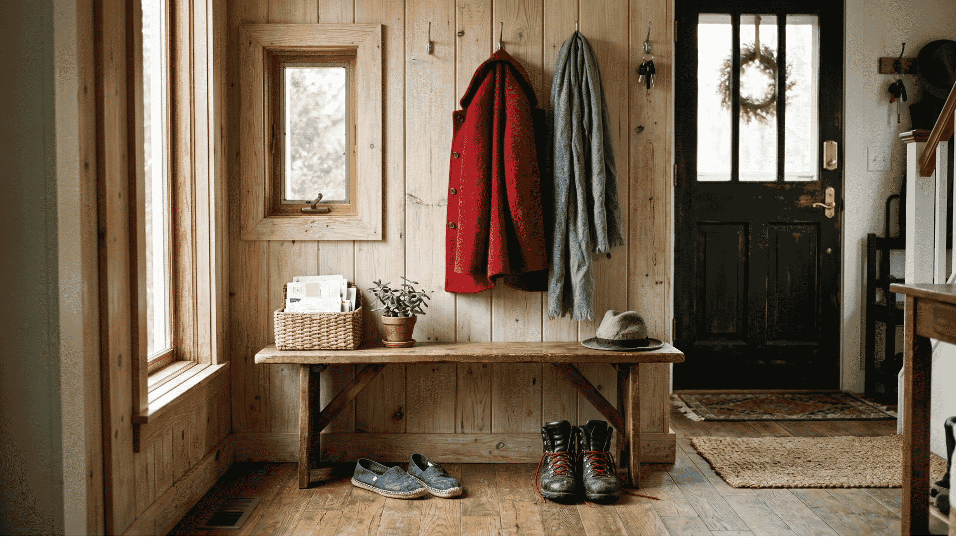 light wood plank wall in a home entryway