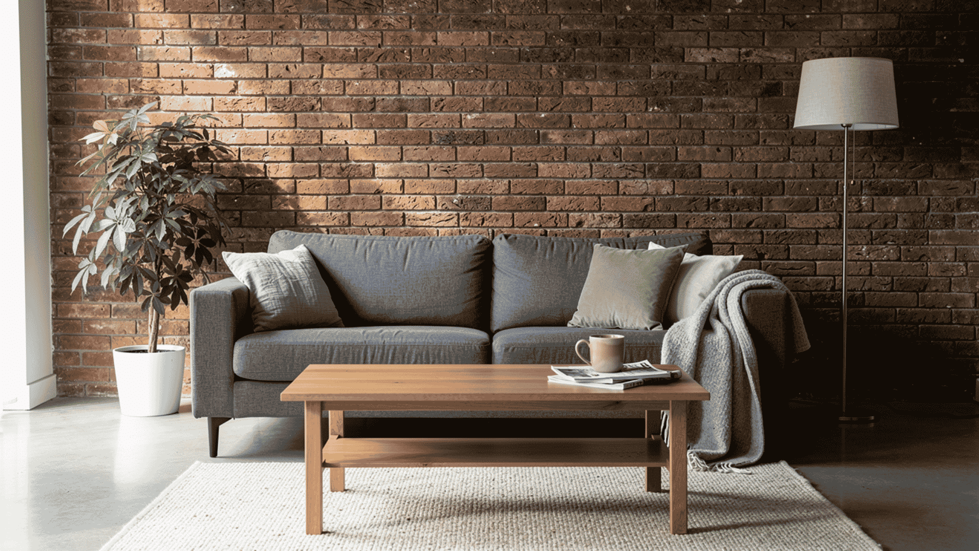 living room with a faux brick veneer accent wall behind a gray sofa