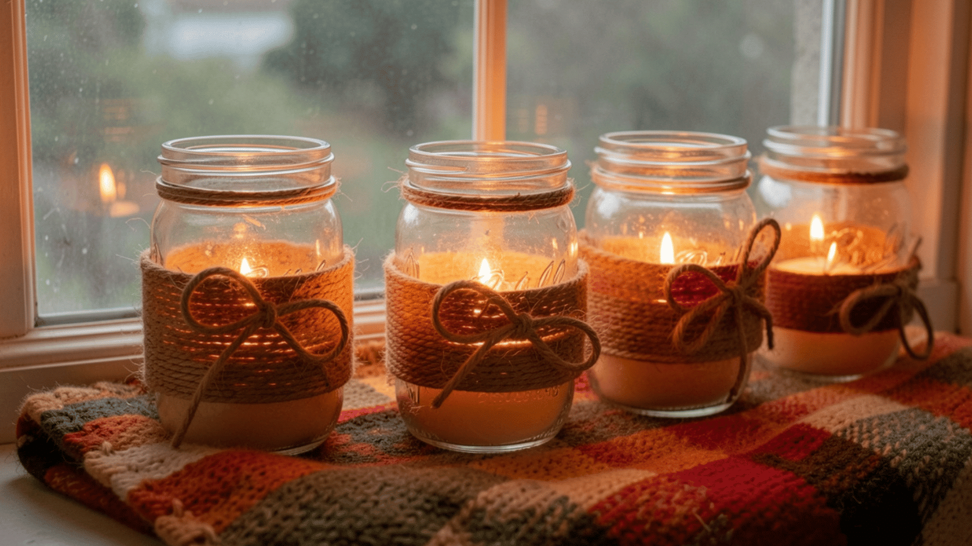 mason jar candles glowing on knitted cloth beside rainy window in cozy autumn setting