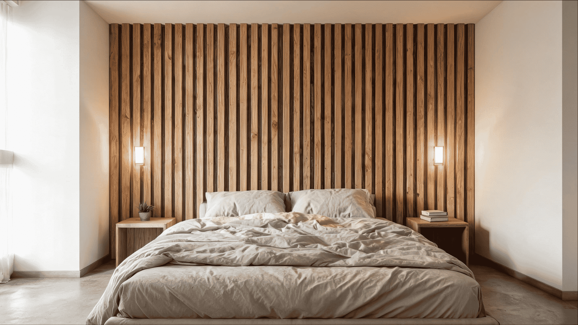 minimal bedroom with vertical oak wood slat accent wall behind bed warm lighting