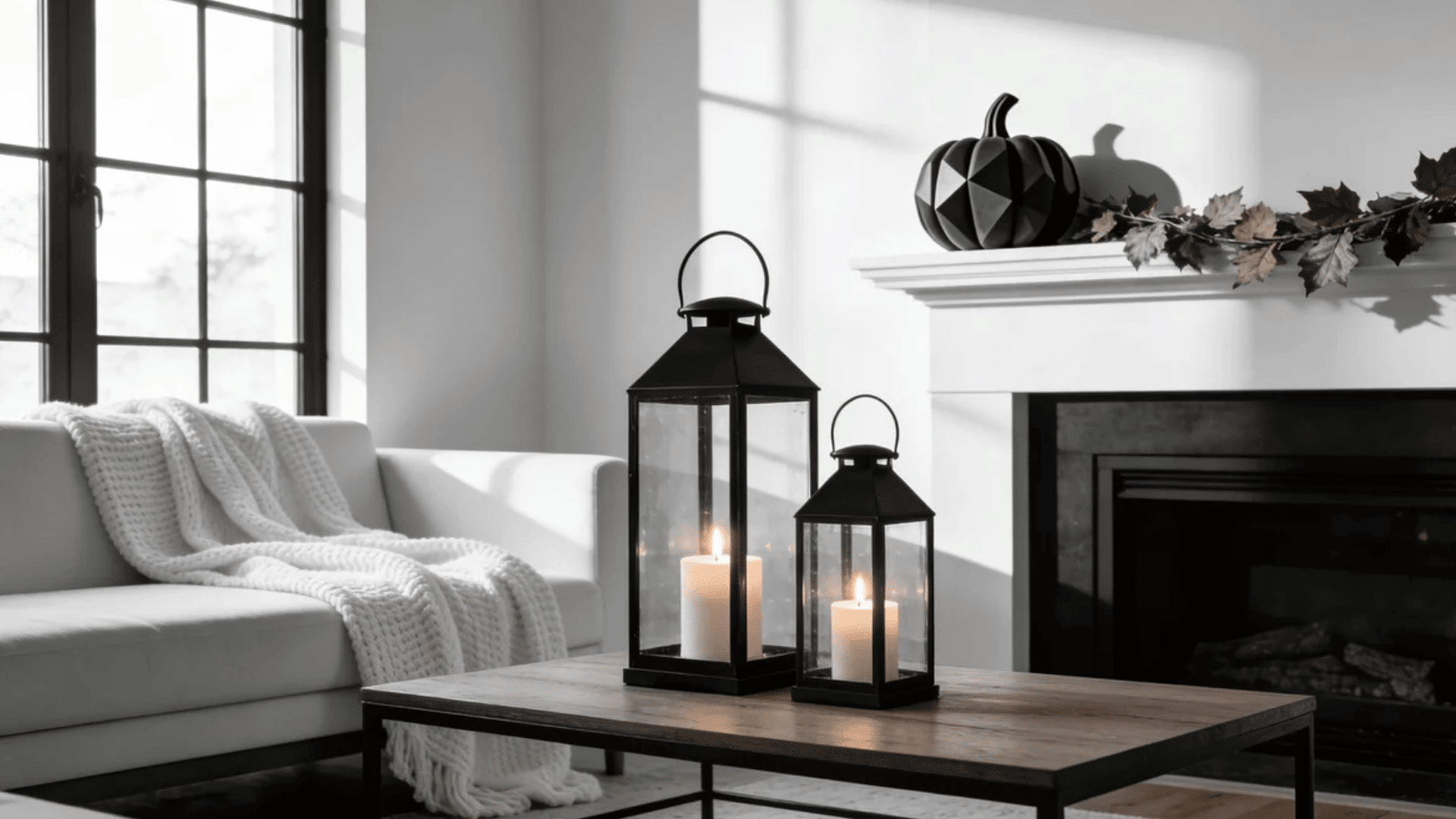 minimal black and white living room with lantern candles modern fireplace and sleek autumn decor accents