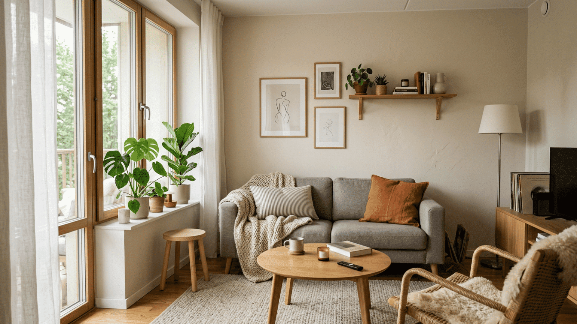 minimal cozy living room with indoor plants neutral decor and soft natural light by large windows