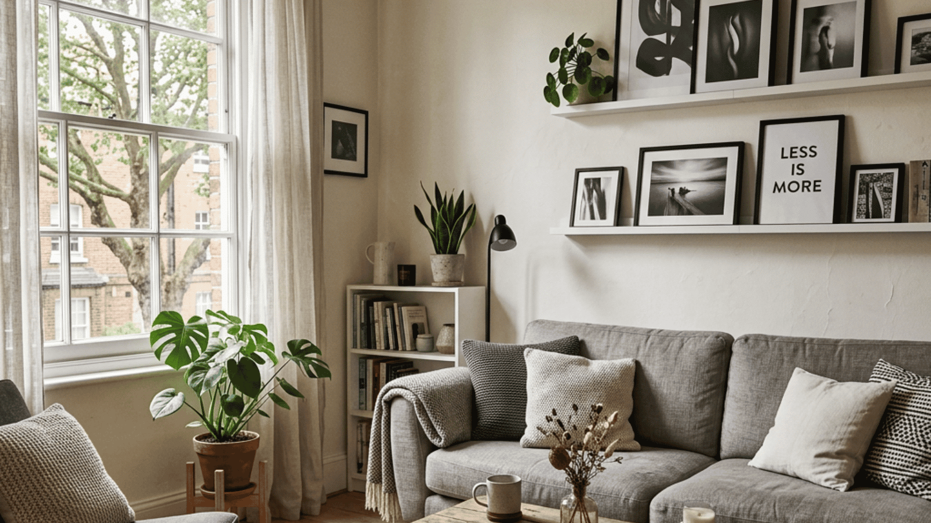 minimal cozy living room with monochrome wall art indoor plants and soft natural window light