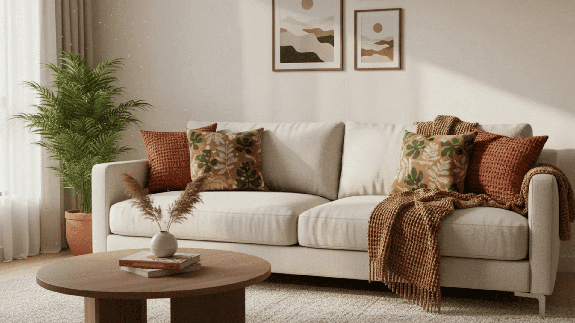 minimal living room with cream sofa textured pillows cozy throw and soft autumn decor accents