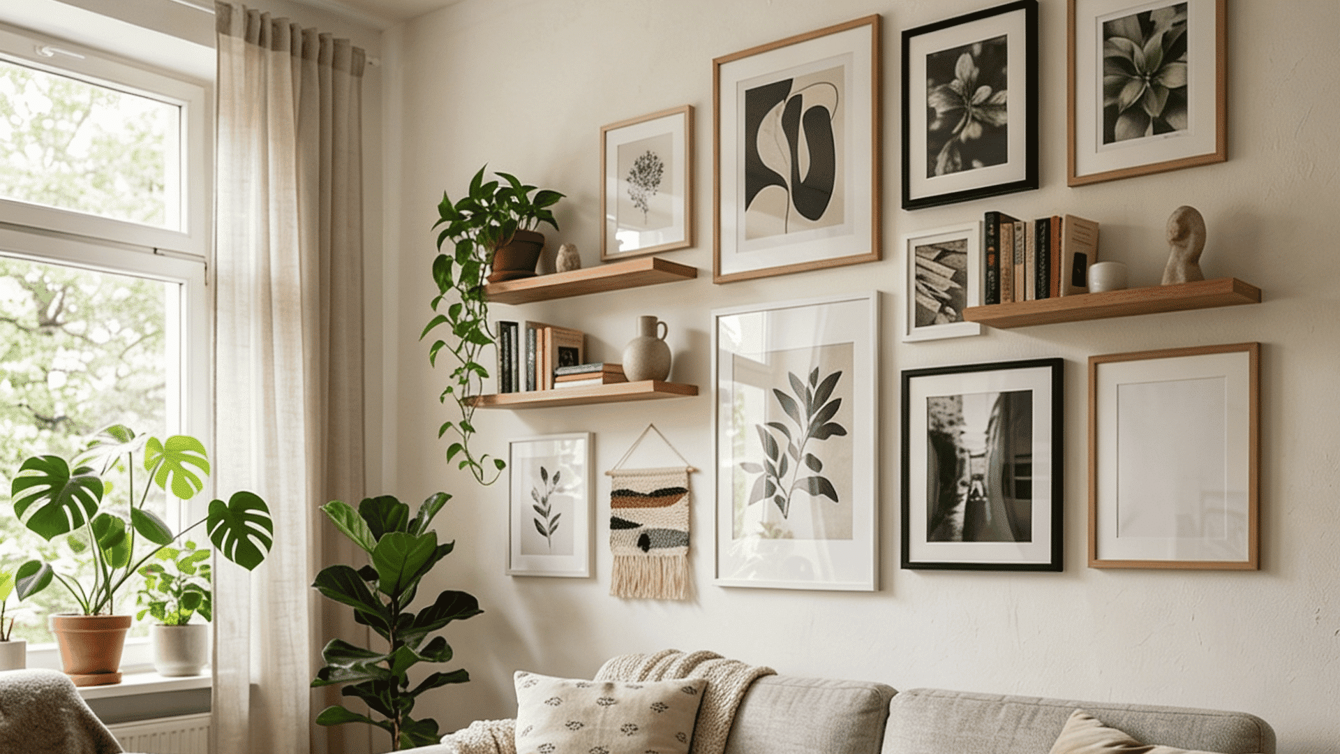 minimal living room with neutral sofa gallery wall indoor plants and warm natural window light