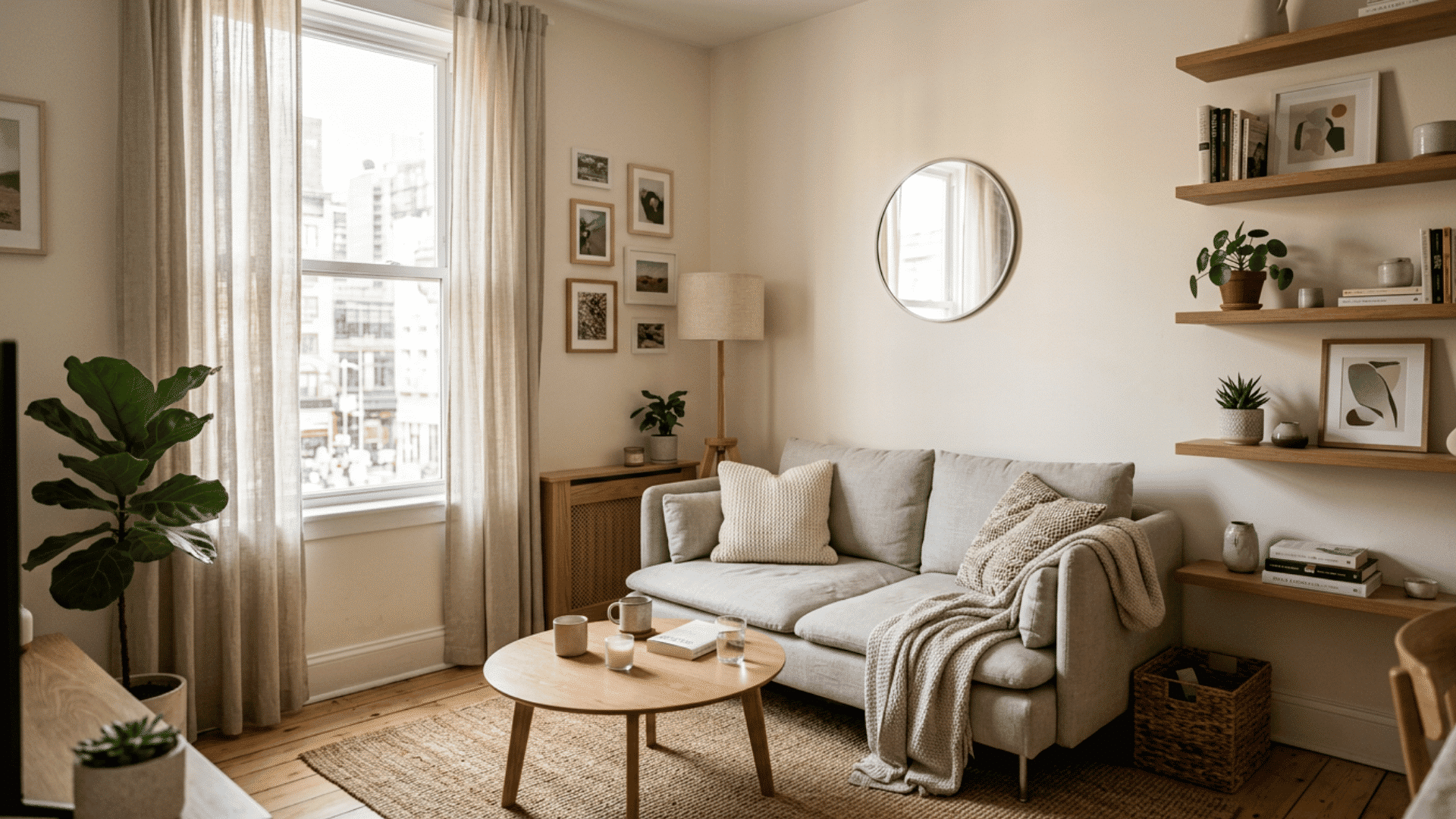 minimal living room with neutral sofa wooden shelves soft decor and natural daylight through large window