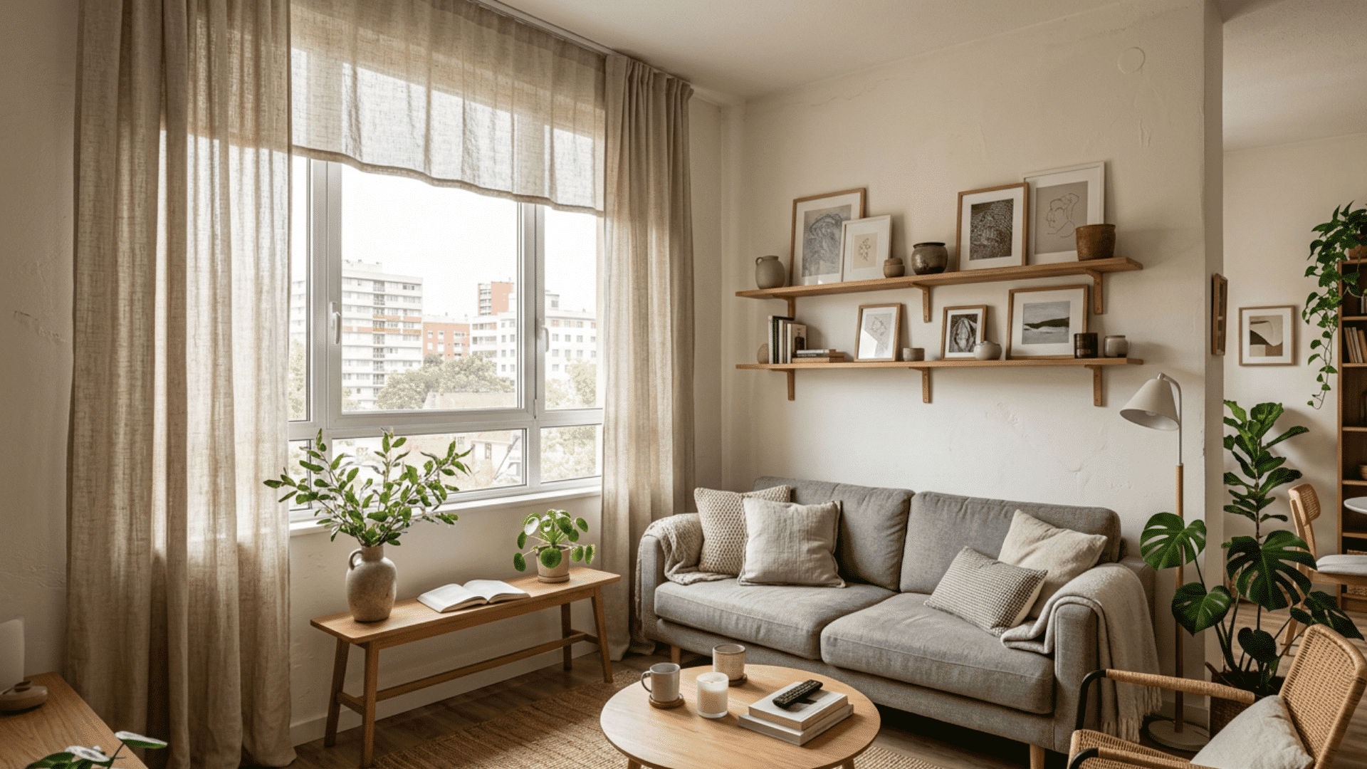 minimal living room with soft neutral decor indoor plants wooden furniture and natural daylight ambiance