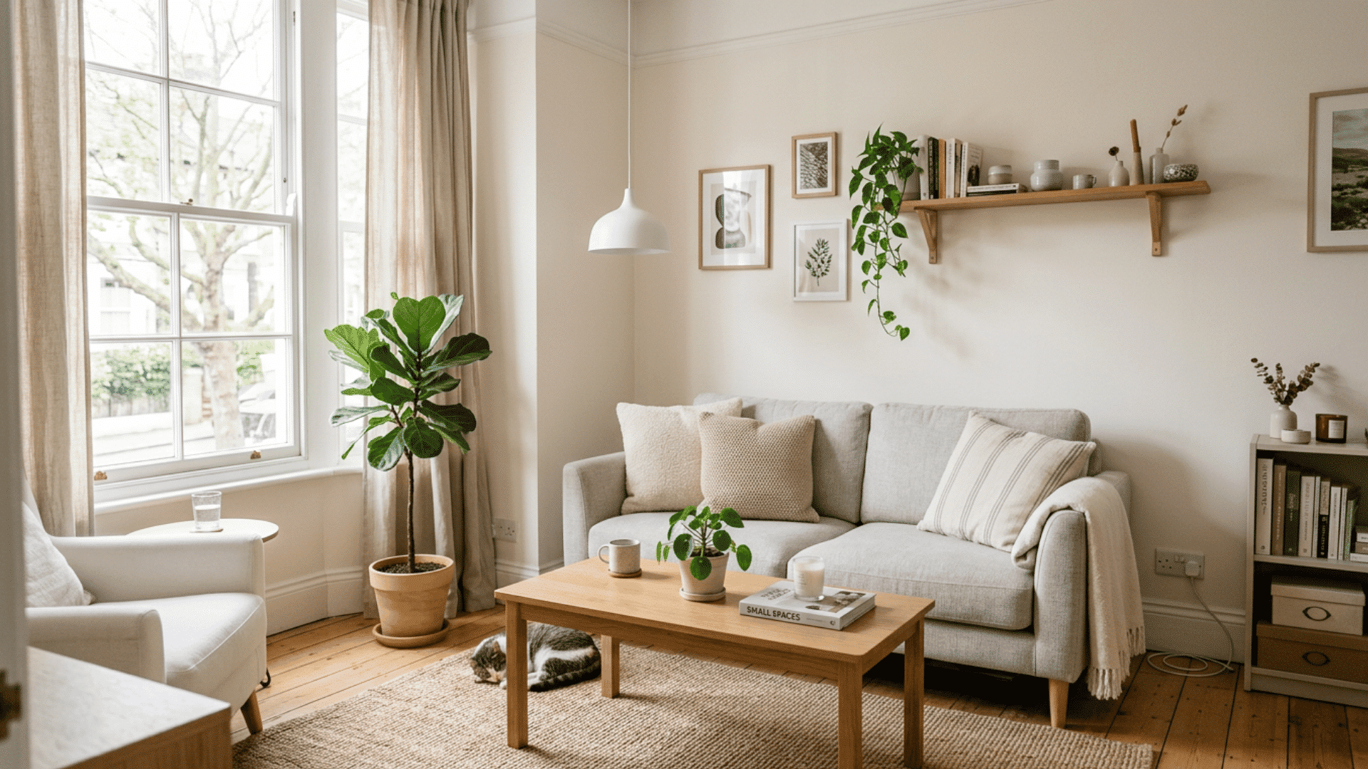 minimal living room with soft neutral decor wooden furniture indoor plants and natural daylight ambiance