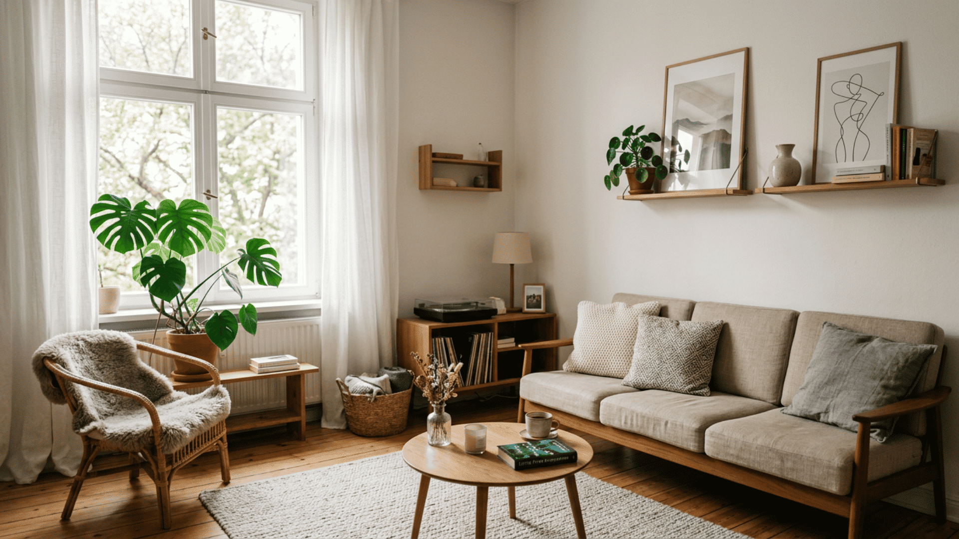 minimal living room with wooden furniture indoor plants soft neutral decor and bright natural daylight