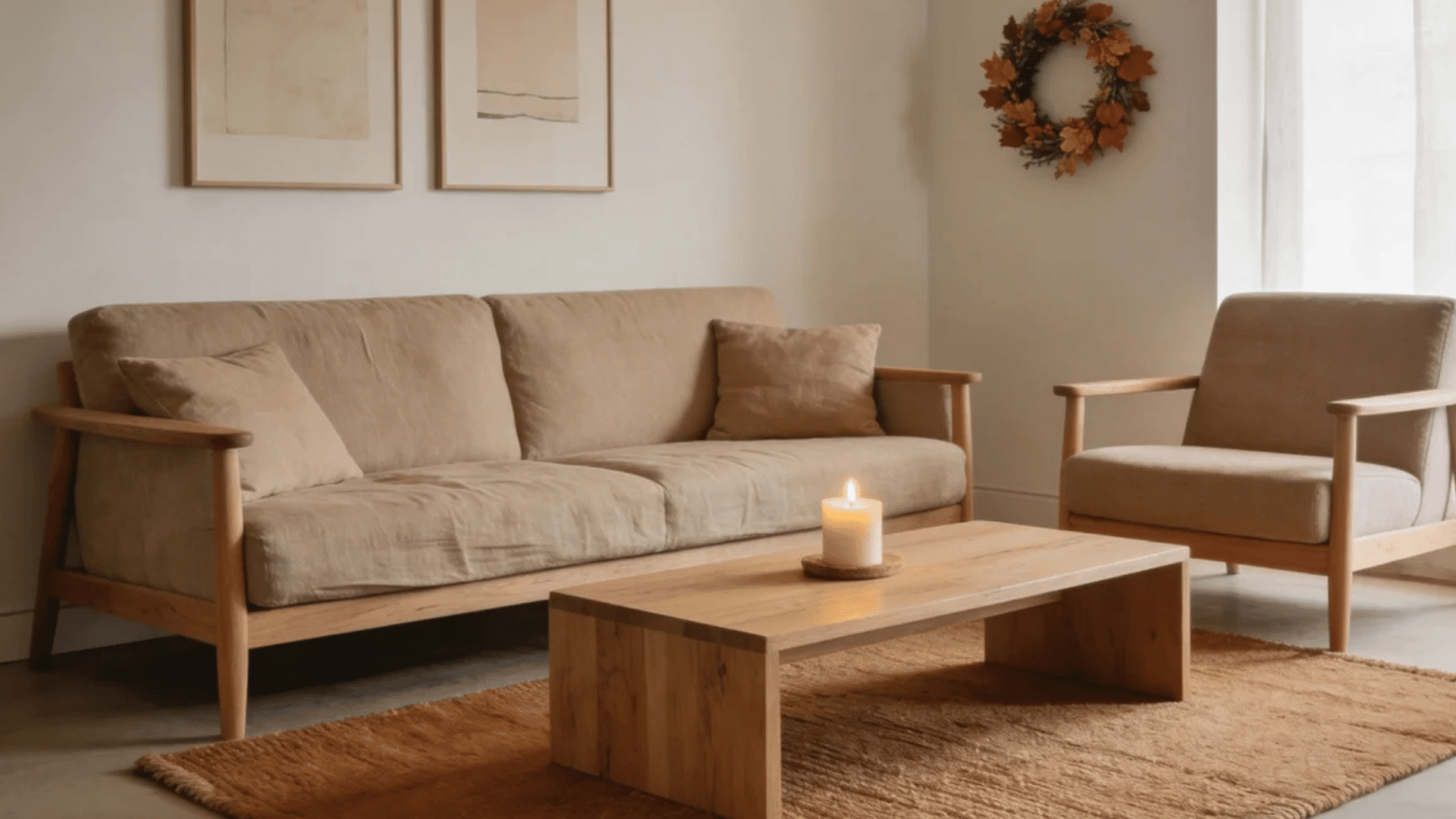 minimal neutral living room with wooden furniture soft candlelight and simple autumn wreath decor