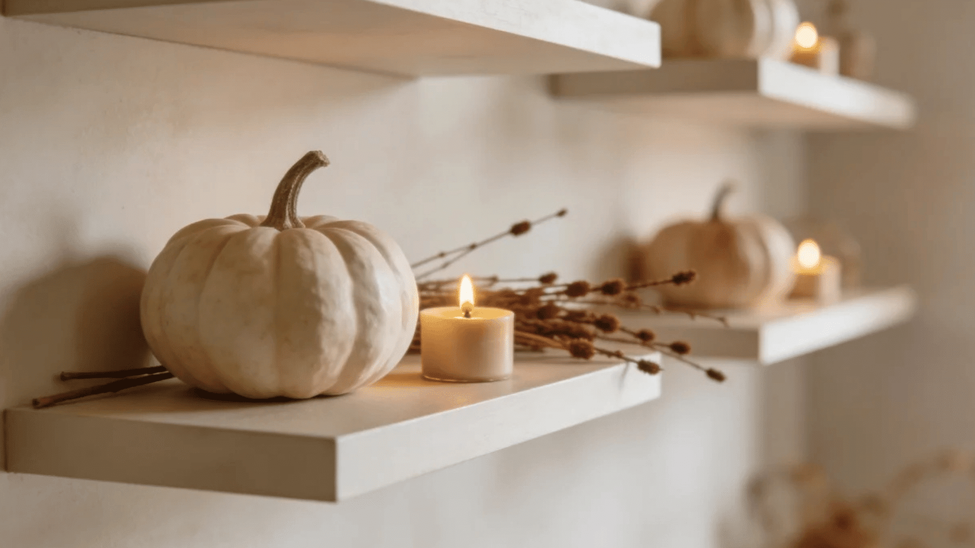 minimal white shelves with pumpkins candles and soft neutral autumn home decor accents