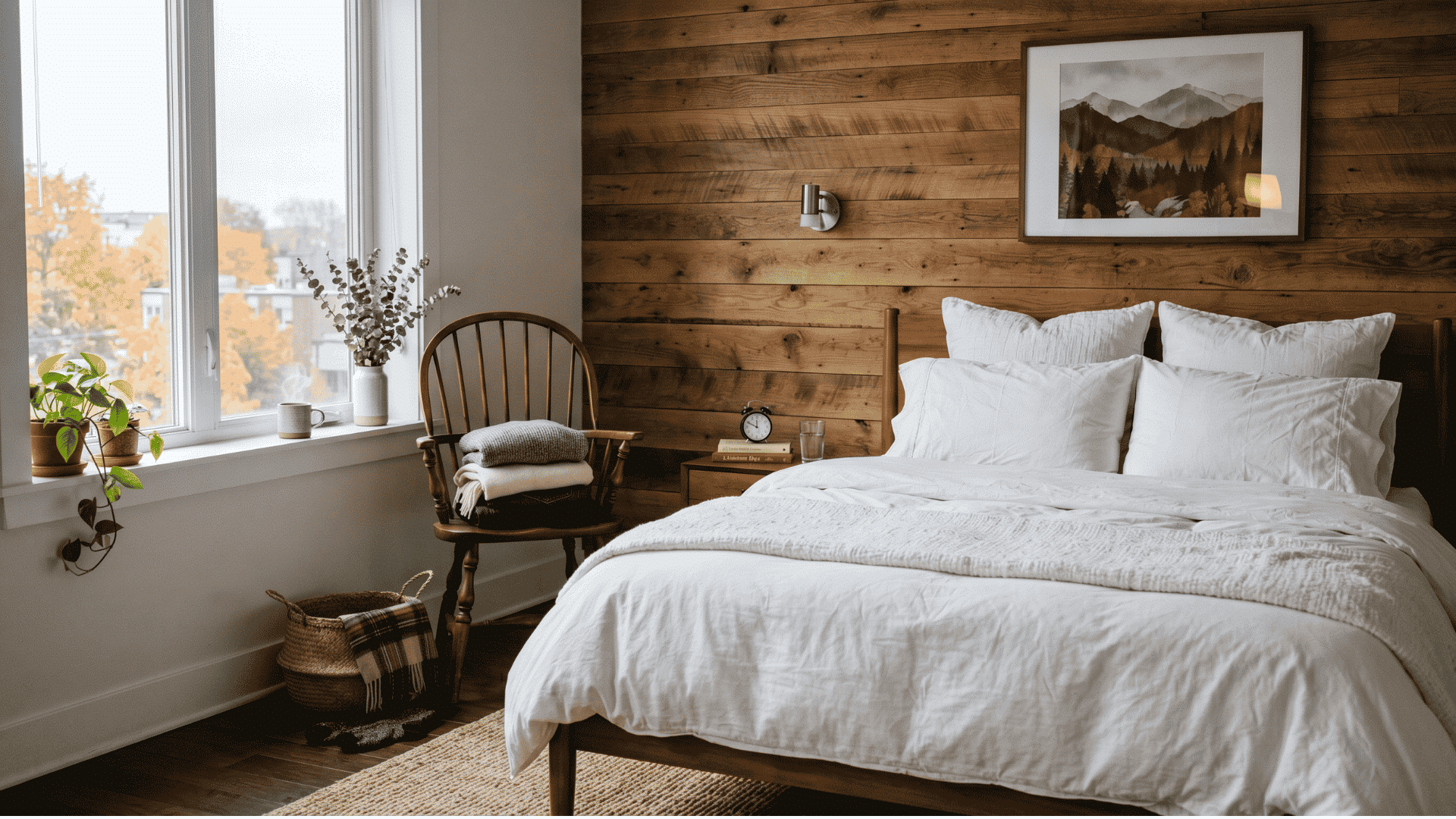 minimalist horizontal wood wall in bedroom