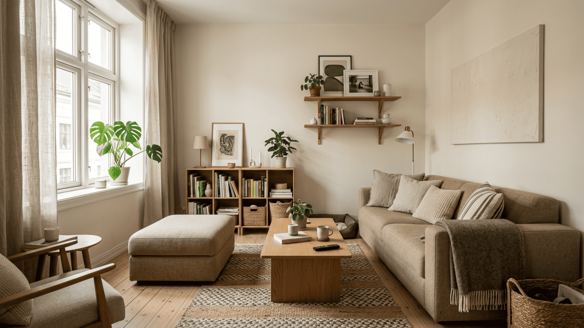 minimalist living room with beige modular sofa wooden furniture soft decor and cozy natural lighting