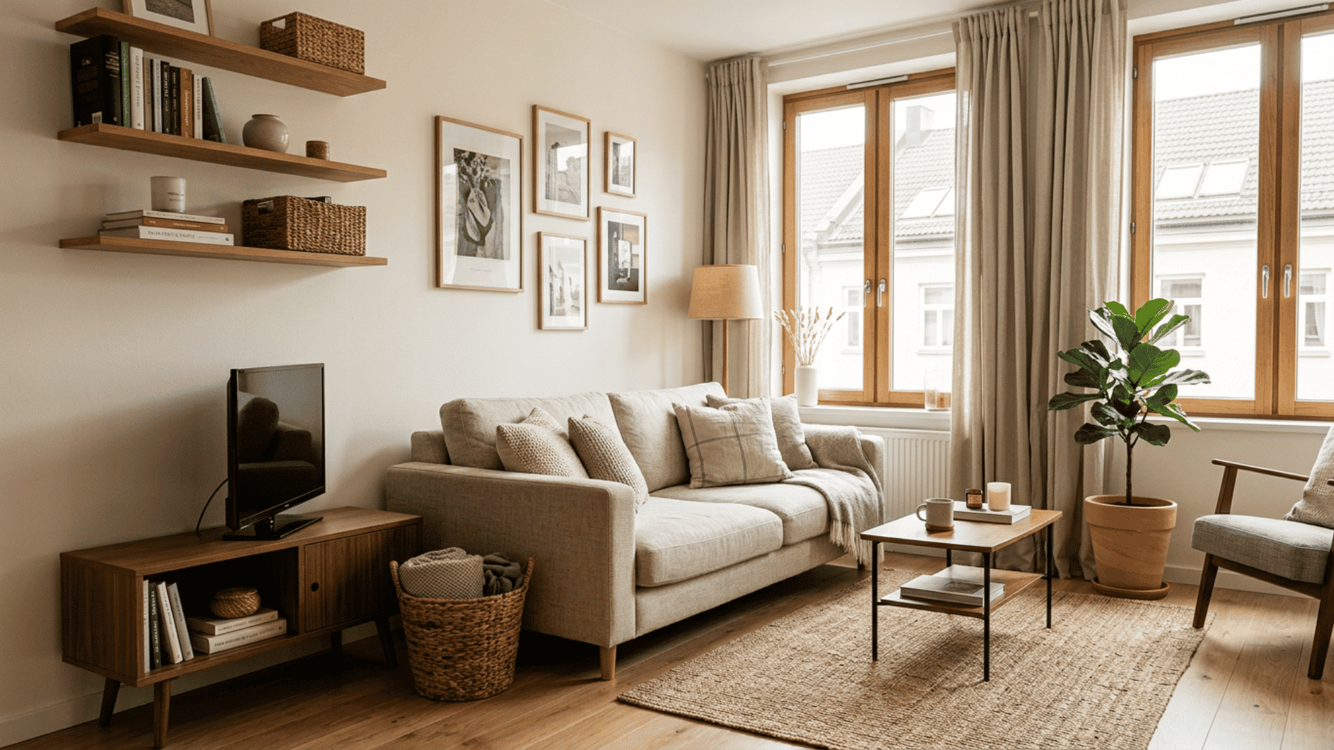 minimalist living room with beige sofa wooden accents soft textiles and natural light by large windows