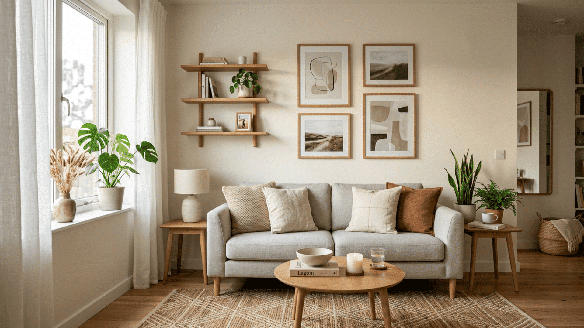 minimalist neutral living room with soft decor indoor plants wooden accents and cozy natural light