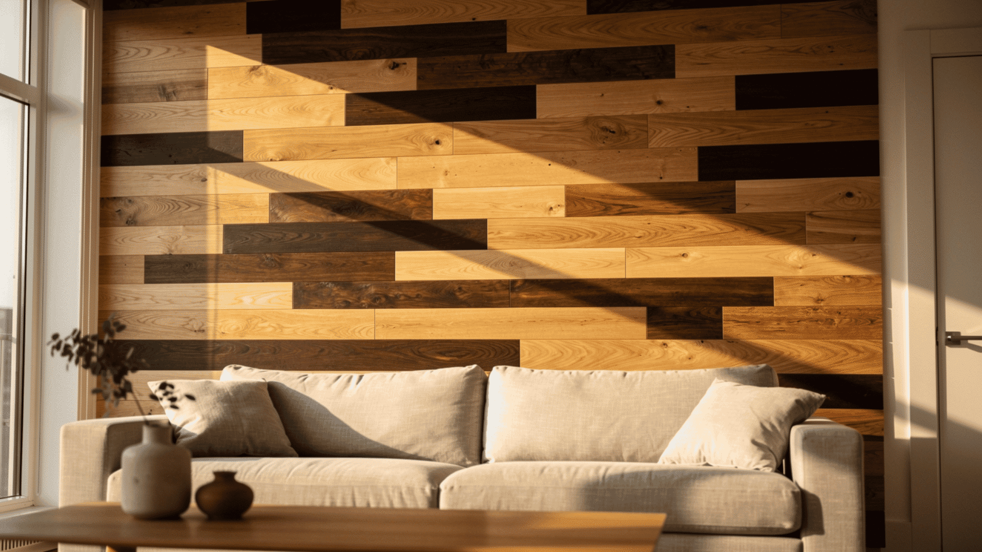 mixed tone wood plank wall with honey and dark walnut tones in a living room