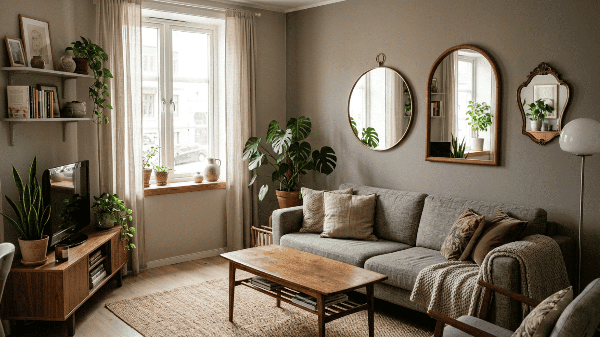 modern cozy living room with gray sofa wooden furniture indoor plants and soft natural window light