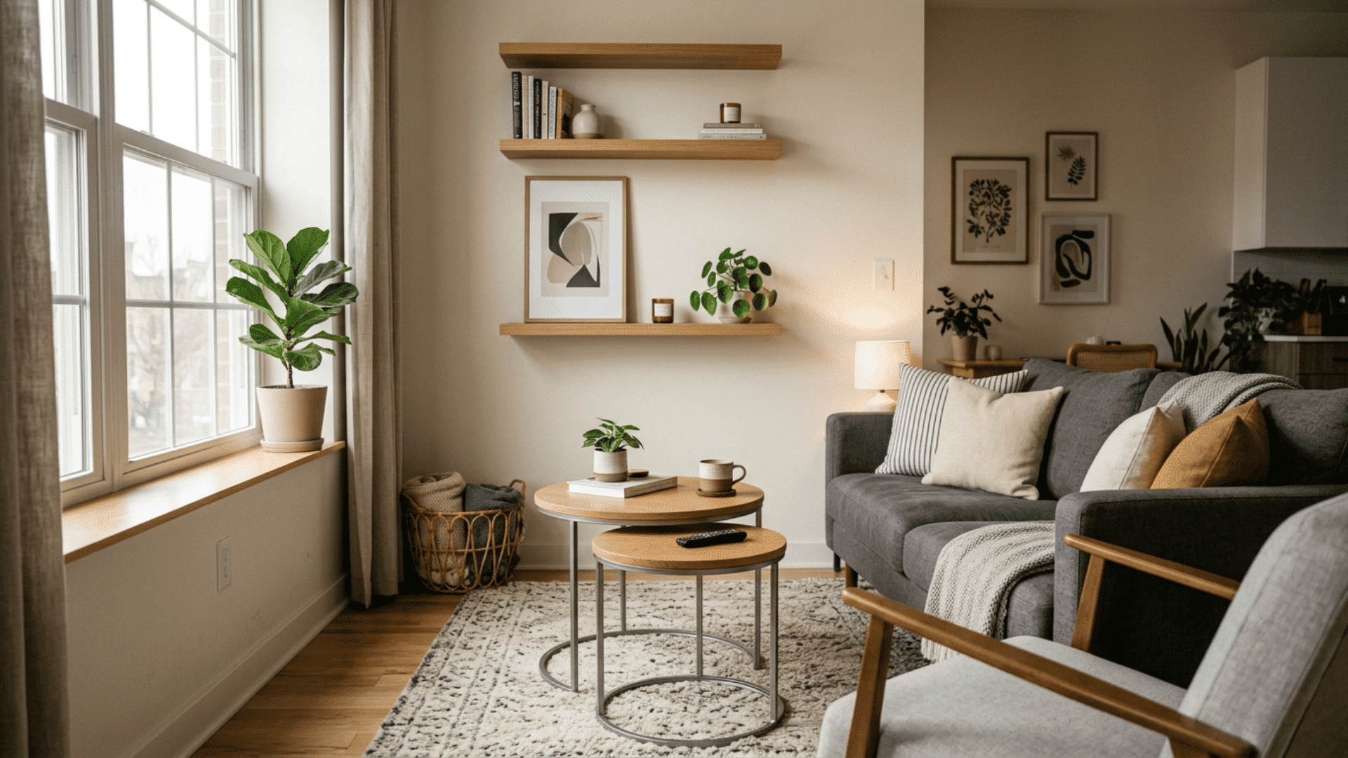 modern cozy living room with gray sofa wooden shelves and soft natural light by window