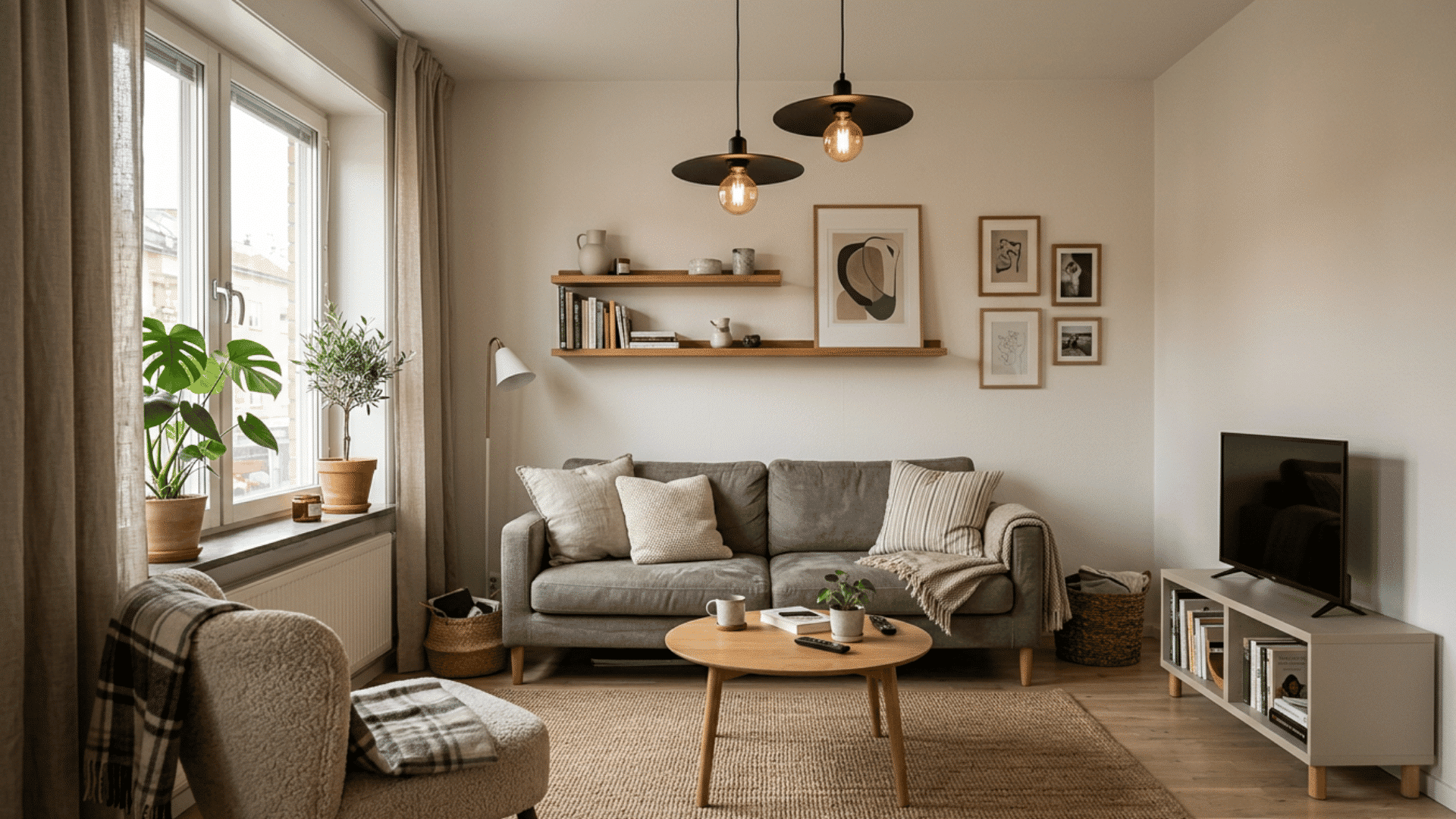 modern cozy living room with neutral decor warm pendant lighting and soft natural window light