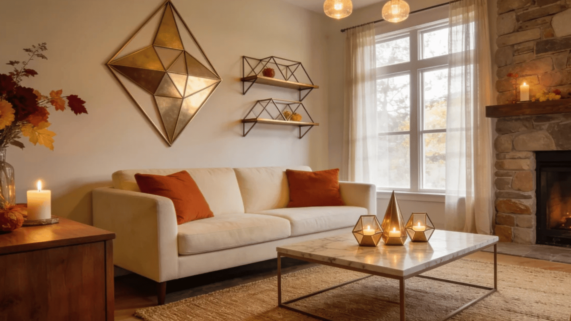modern fall living room with geometric wall art cozy fireplace and warm autumn candle decor accents