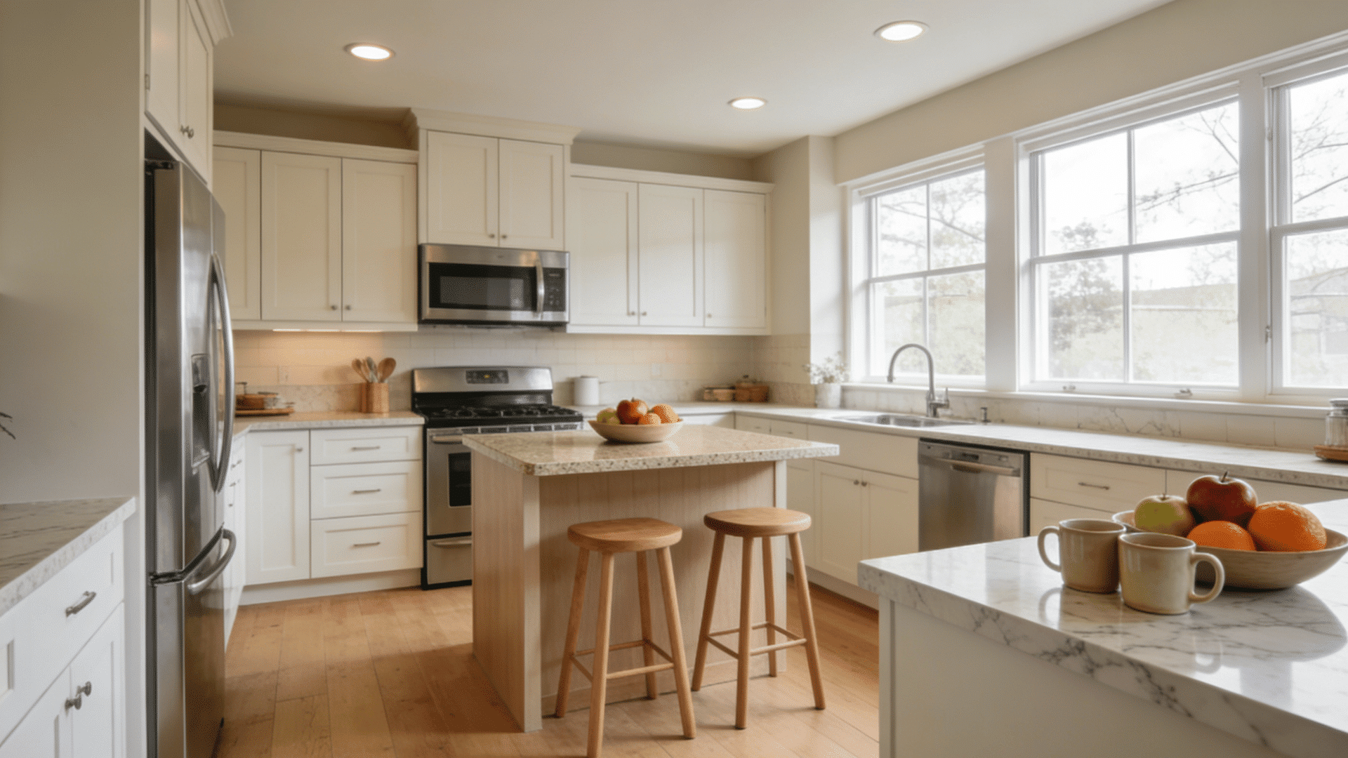 modern family kitchen with compact island seating prep space and natural daylight in a lived in home
