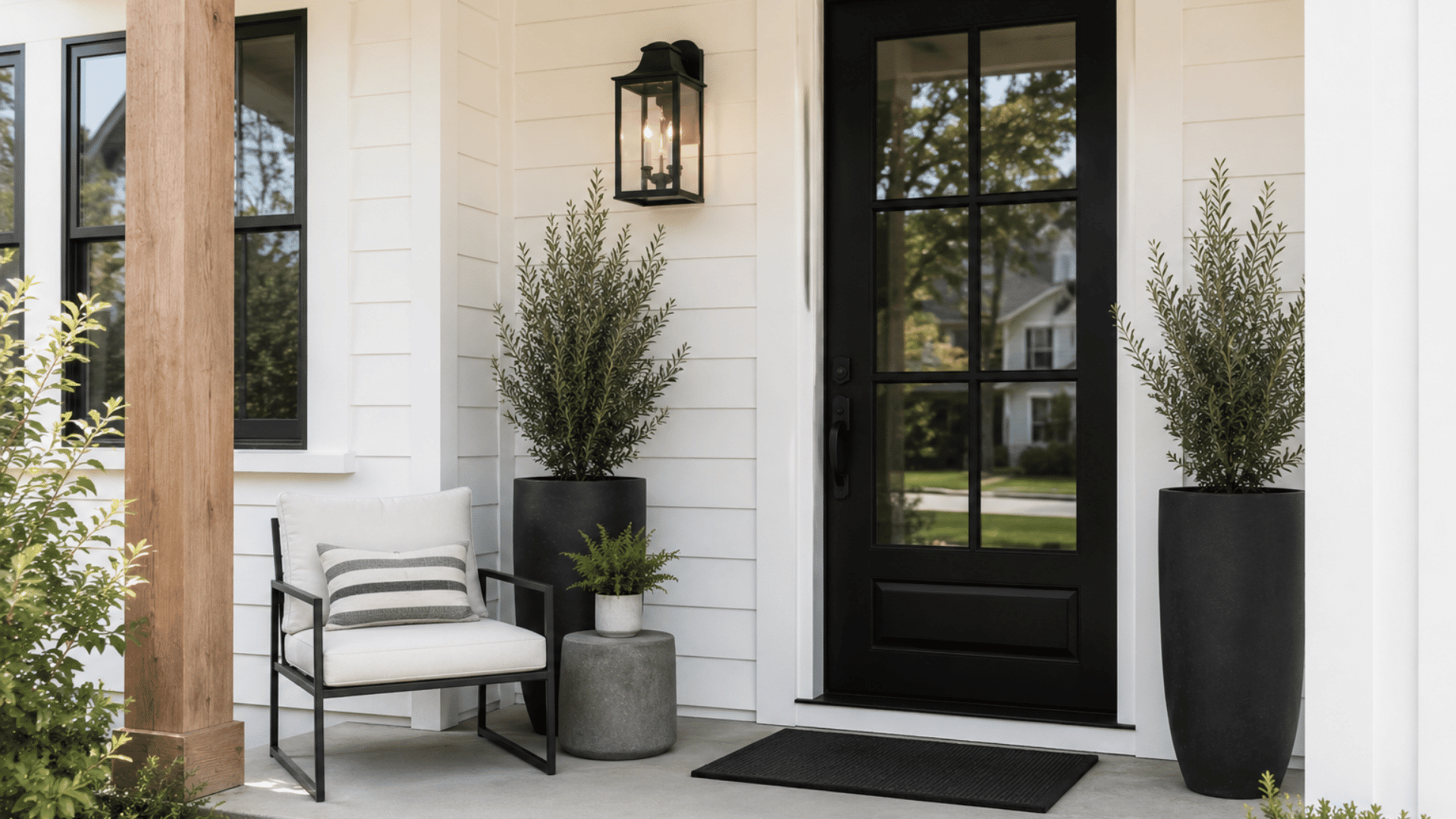 modern farmhouse front porch with black door sleek seating clean lines and realistic natural textures